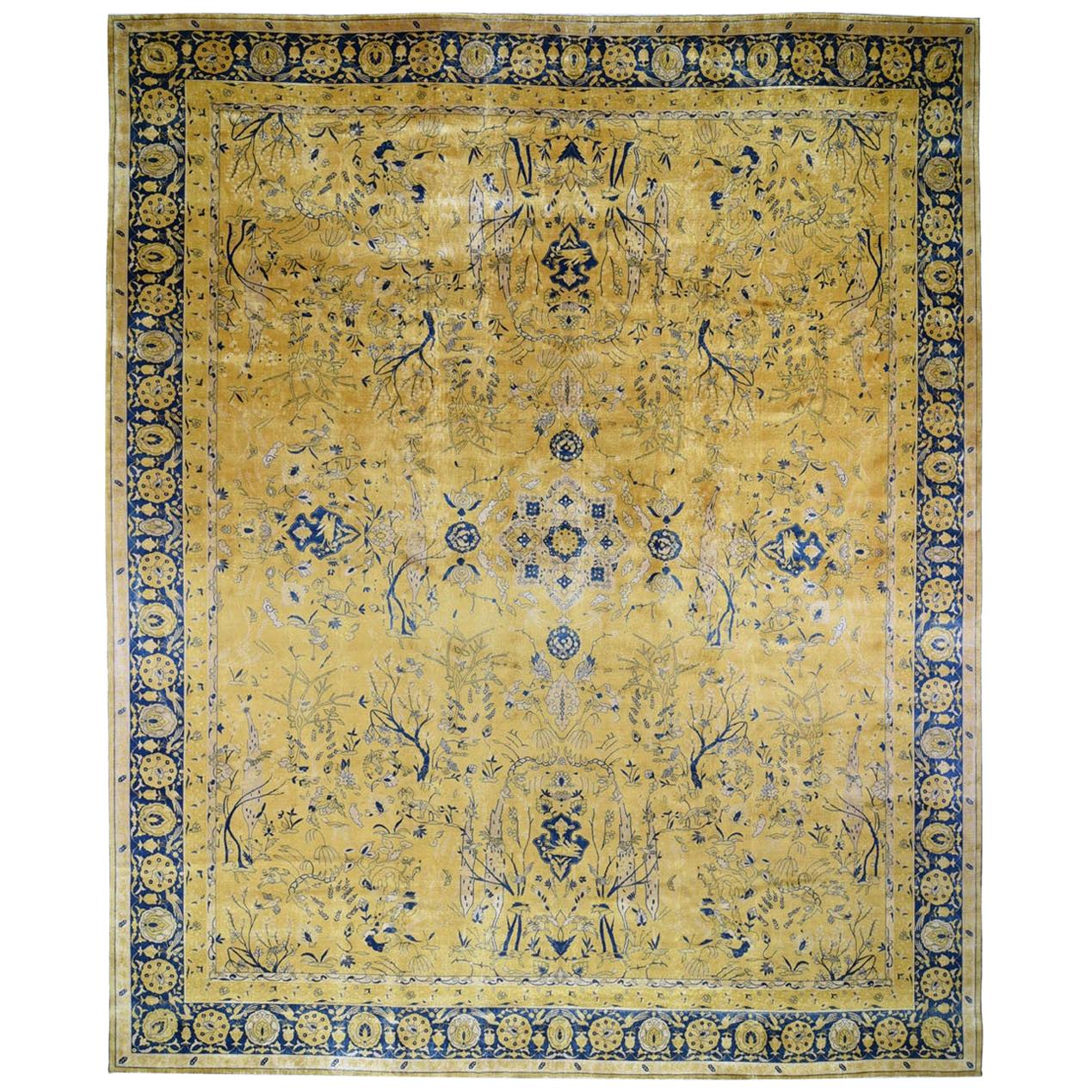 Oversized Yellow Antique Maharaja Kashmir Tree Design Oriental Rug, 13
0"x 15
7"