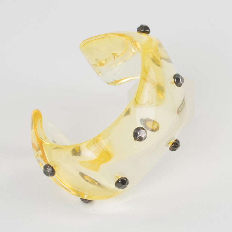 Oversized Yellow Champagne Lucite Cuff Bracelet with Gunmetal Studs For Sale 5