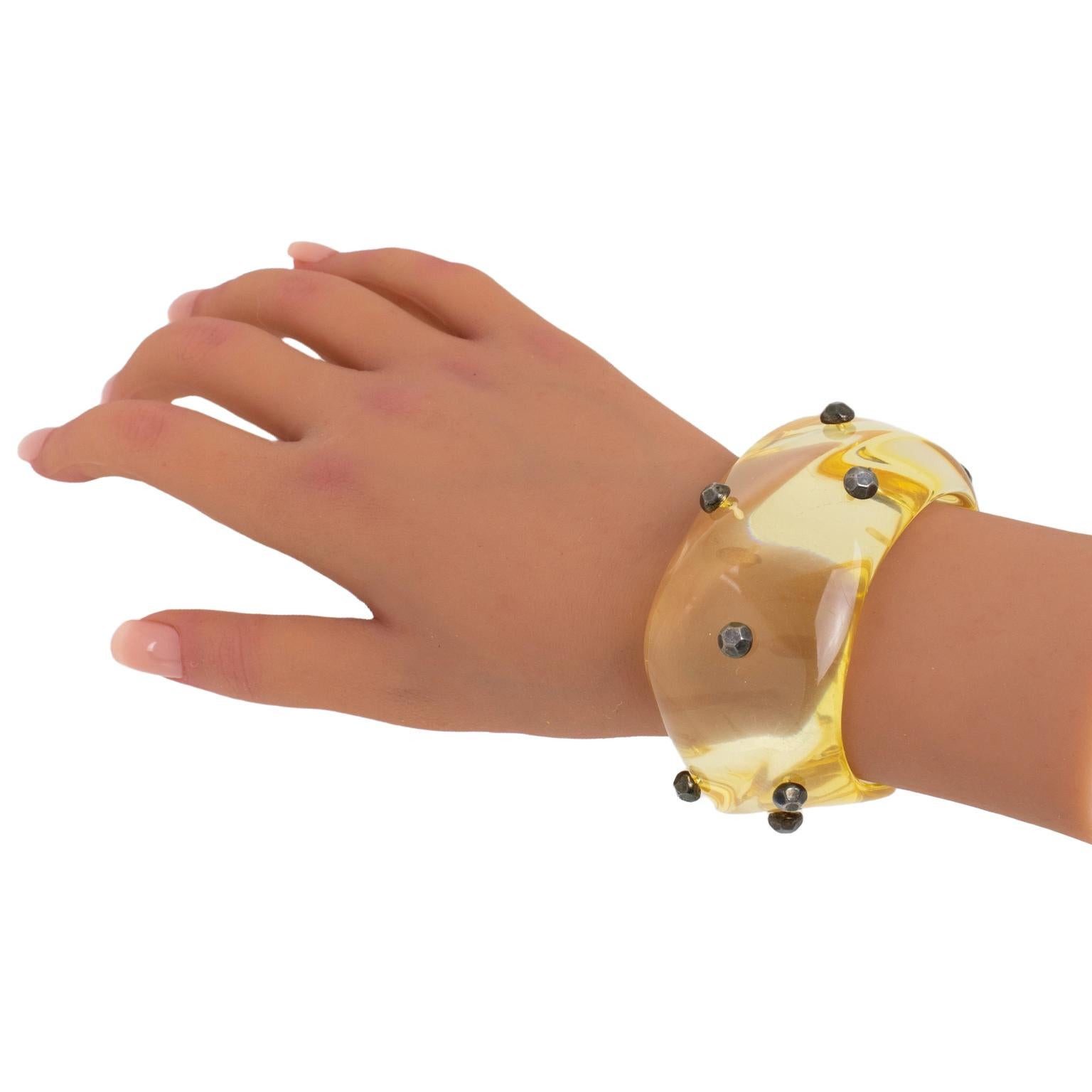 Oversized Yellow Champagne Lucite Cuff Bracelet with Gunmetal Studs For Sale 6