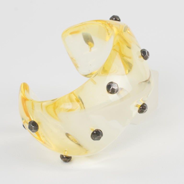 Modern Oversized Yellow Champagne Lucite Cuff Bracelet with Gunmetal Studs For Sale