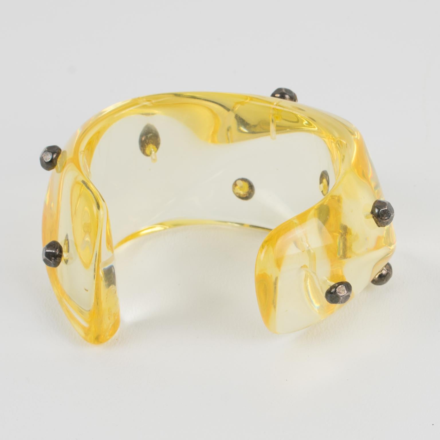 Women's or Men's Oversized Yellow Champagne Lucite Cuff Bracelet with Gunmetal Studs For Sale