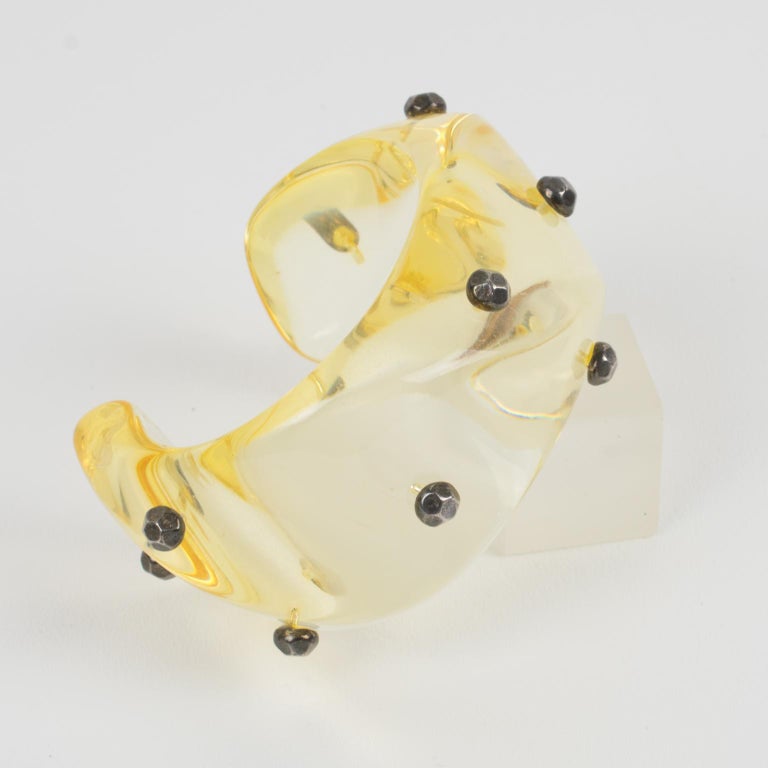 Oversized Yellow Champagne Lucite Cuff Bracelet with Gunmetal Studs For Sale 1