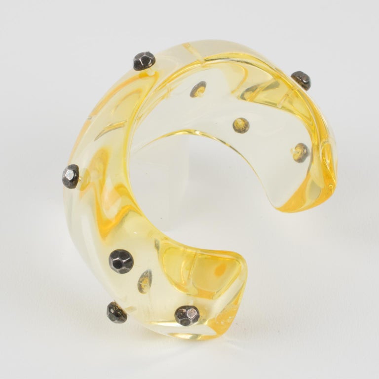 Oversized Yellow Champagne Lucite Cuff Bracelet with Gunmetal Studs For Sale 2