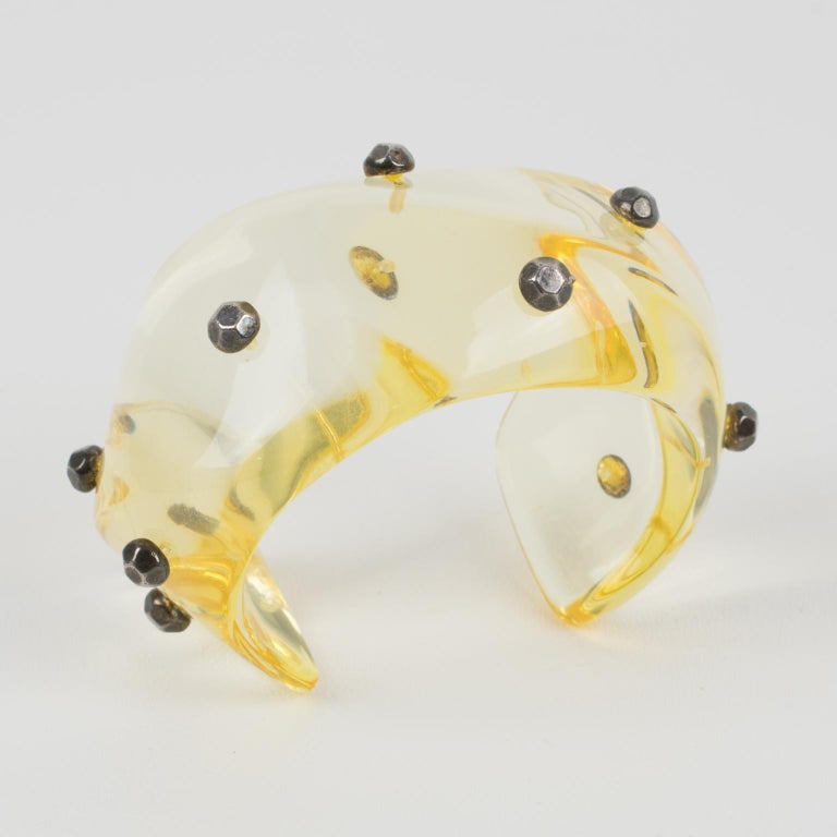 Oversized Yellow Champagne Lucite Cuff Bracelet with Gunmetal Studs For Sale 3