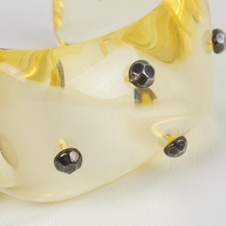 Oversized Yellow Champagne Lucite Cuff Bracelet with Gunmetal Studs For Sale 4