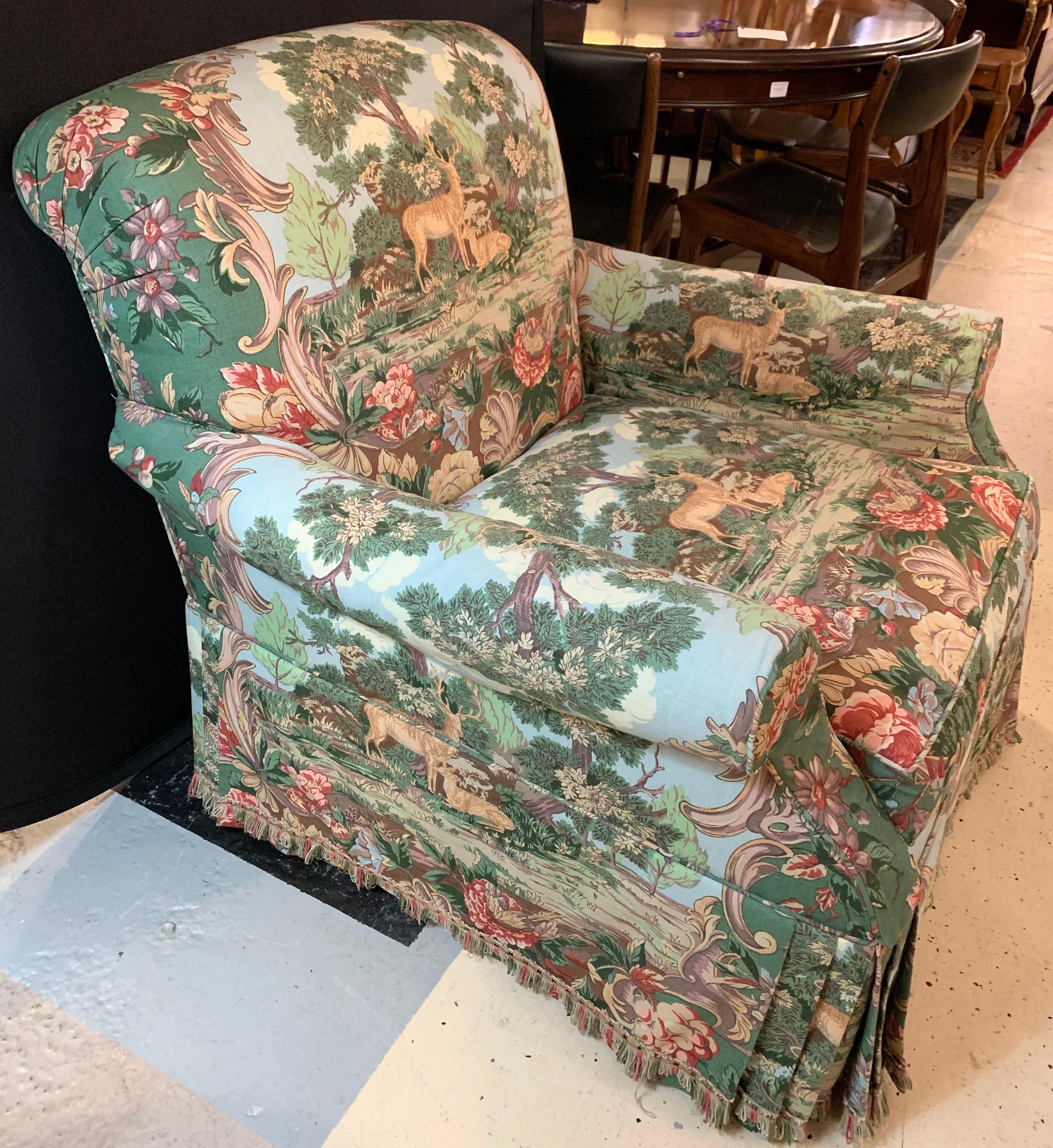 Overstuffed hunter swivel armchair. A finely upholstered lounge chair fit for a cabin or man cave. Priced to sell quickly.