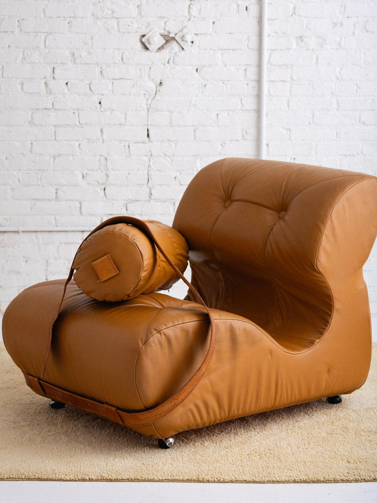 Overstuffed Italian Leather Lounge Chair & Ottoman For Sale 12