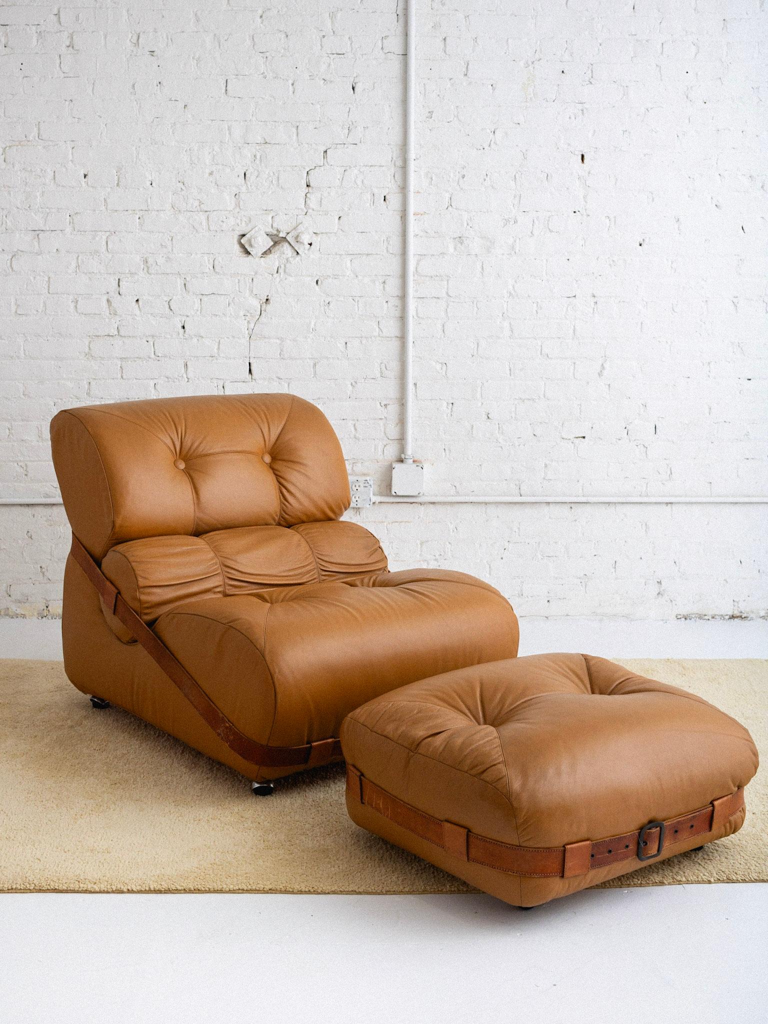 overstuffed leather chair and ottoman