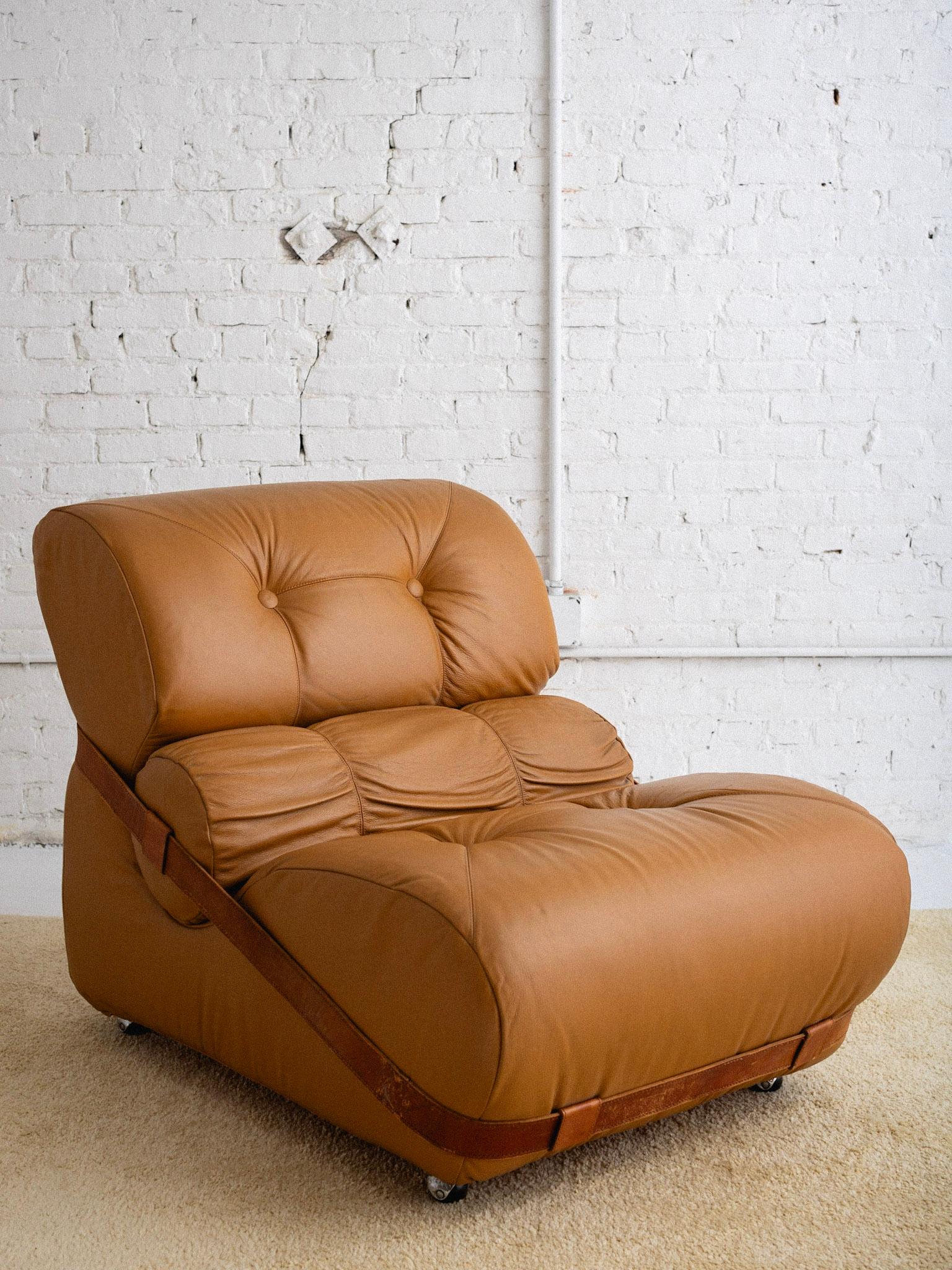 Space Age Overstuffed Italian Leather Lounge Chair & Ottoman For Sale