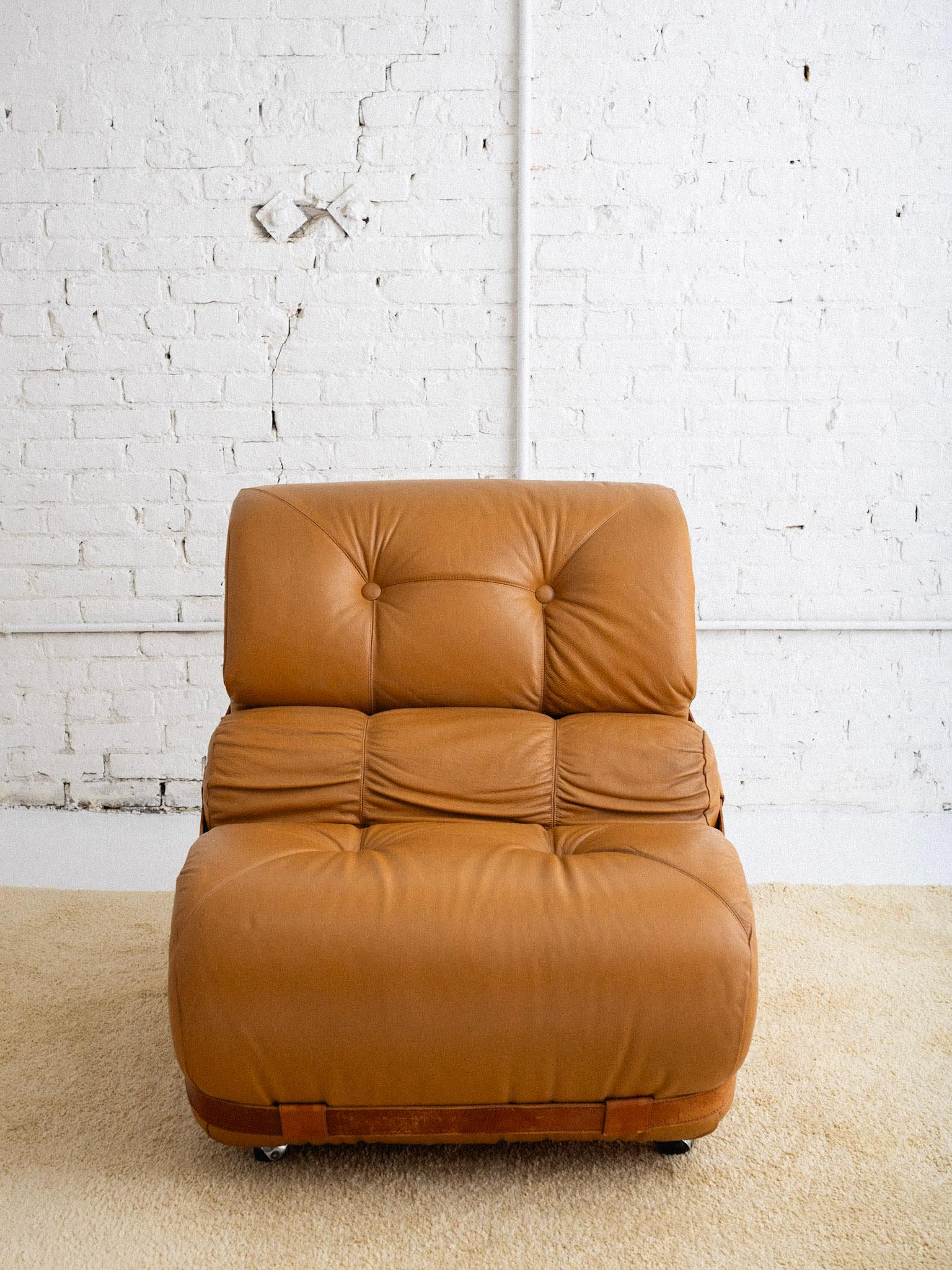 Overstuffed Italian Leather Lounge Chair & Ottoman In Good Condition For Sale In Brooklyn, NY