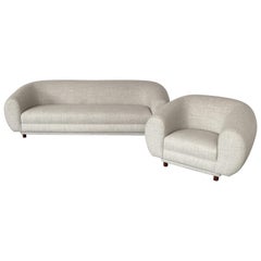 Retro Overstuffed Polar Bear Style Sofa and Chair Set