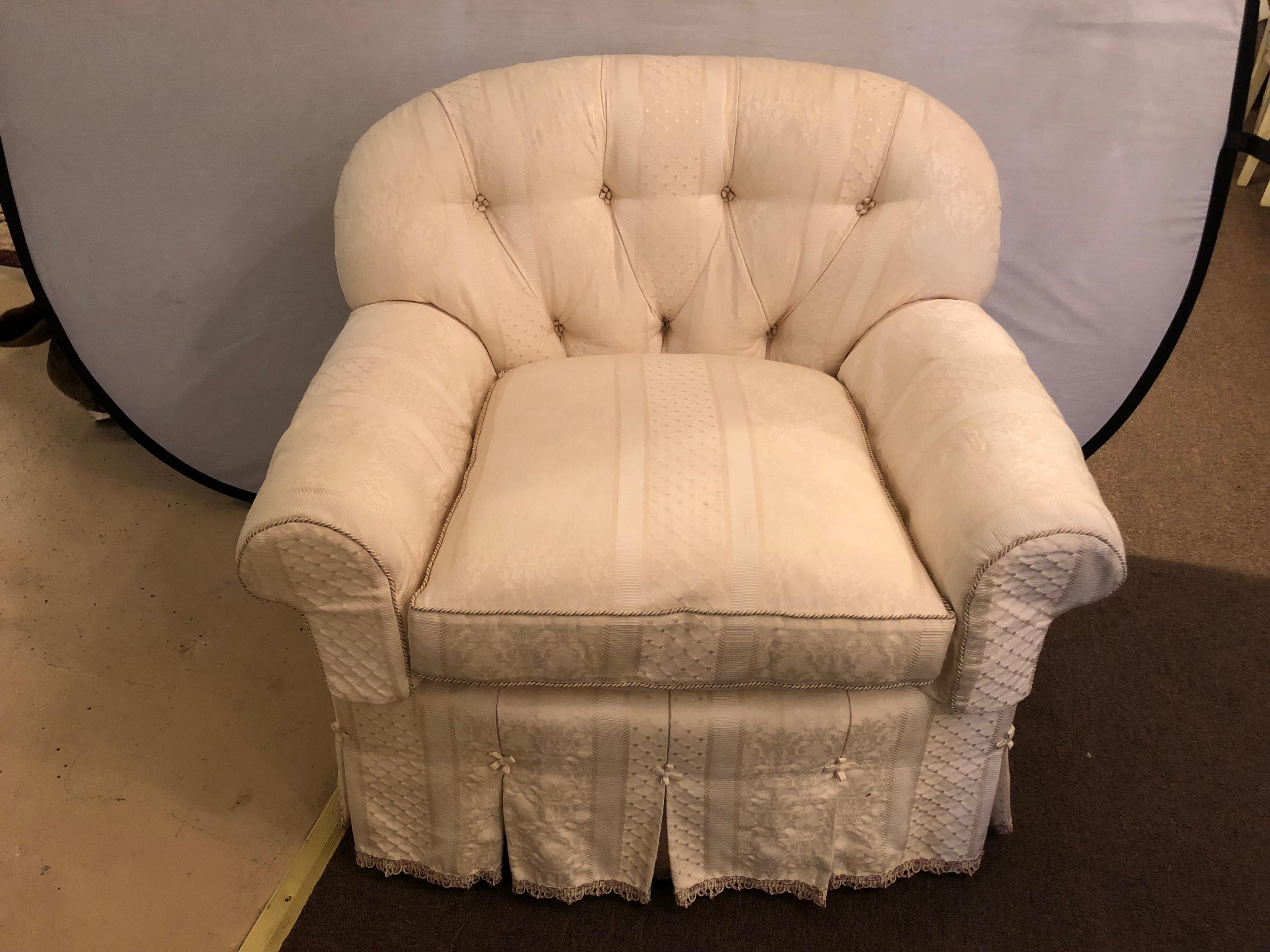 Hollywood Regency style overstuffed very fine upholstered lounge chair attributed to O Henry House LTD. This sleek and stylish extra wide and deep lounge or living room chair is stunning and comes from part of a massive collection of upholstered