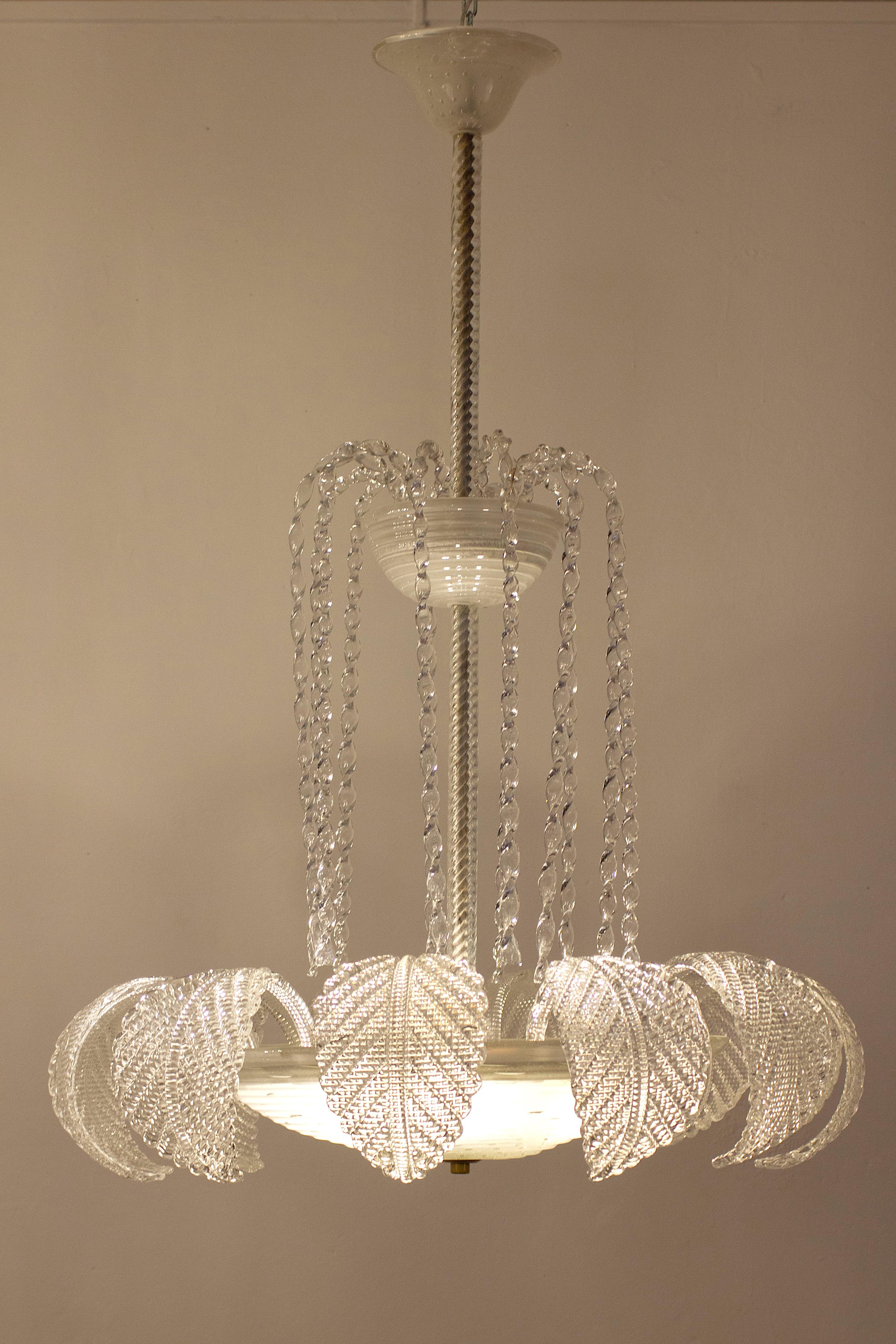 Blown Glass Overwhelming  Art Deco Ninfea Murano Glass Chandelier by Barovier Italy, 1940 For Sale