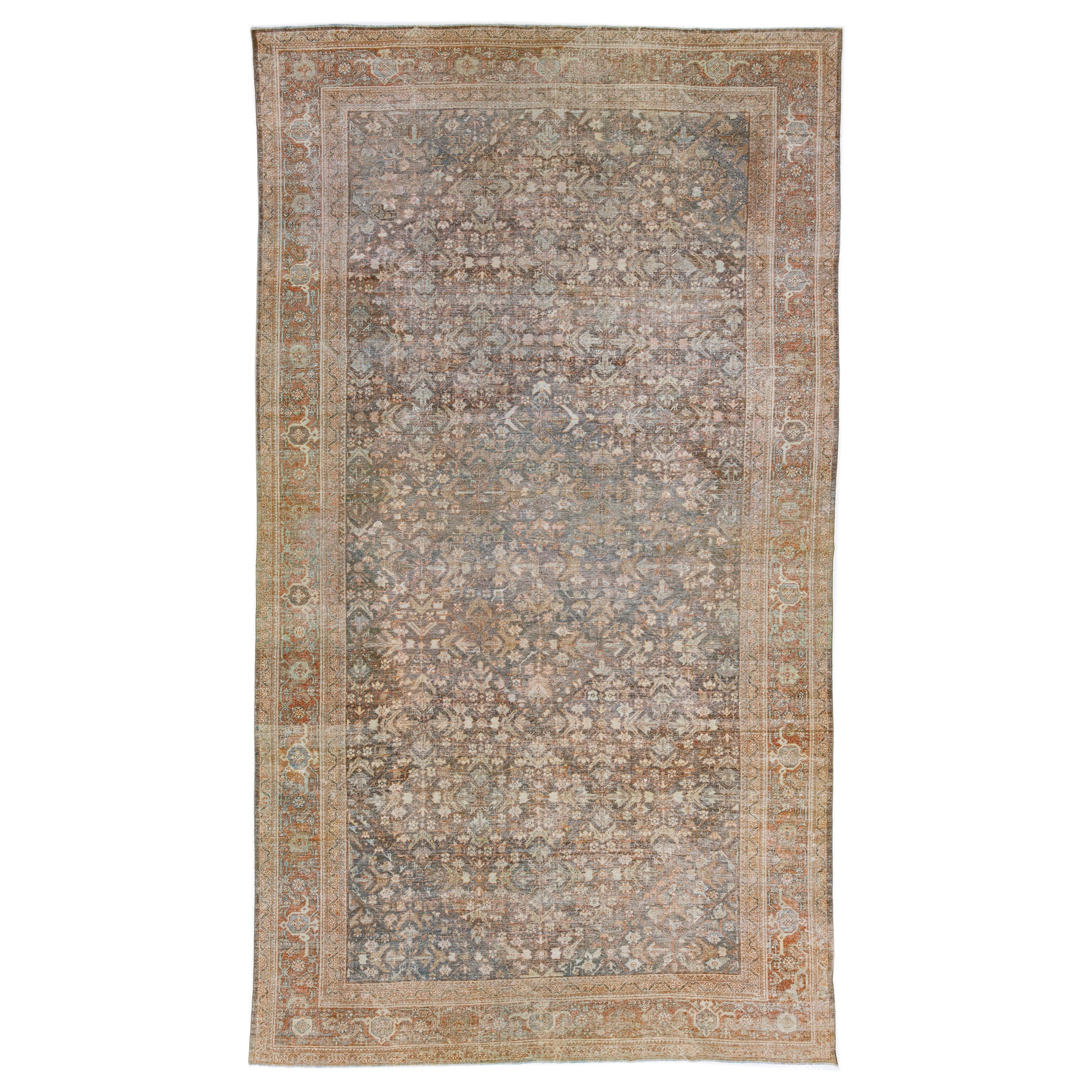 Tapis persan Mahal en laine grandeur nature des années 1900, couleur grise et rouille