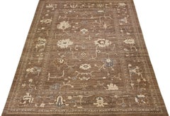 Ovesize Brown Oushak Handmade Wool Rug with Floral Pattern