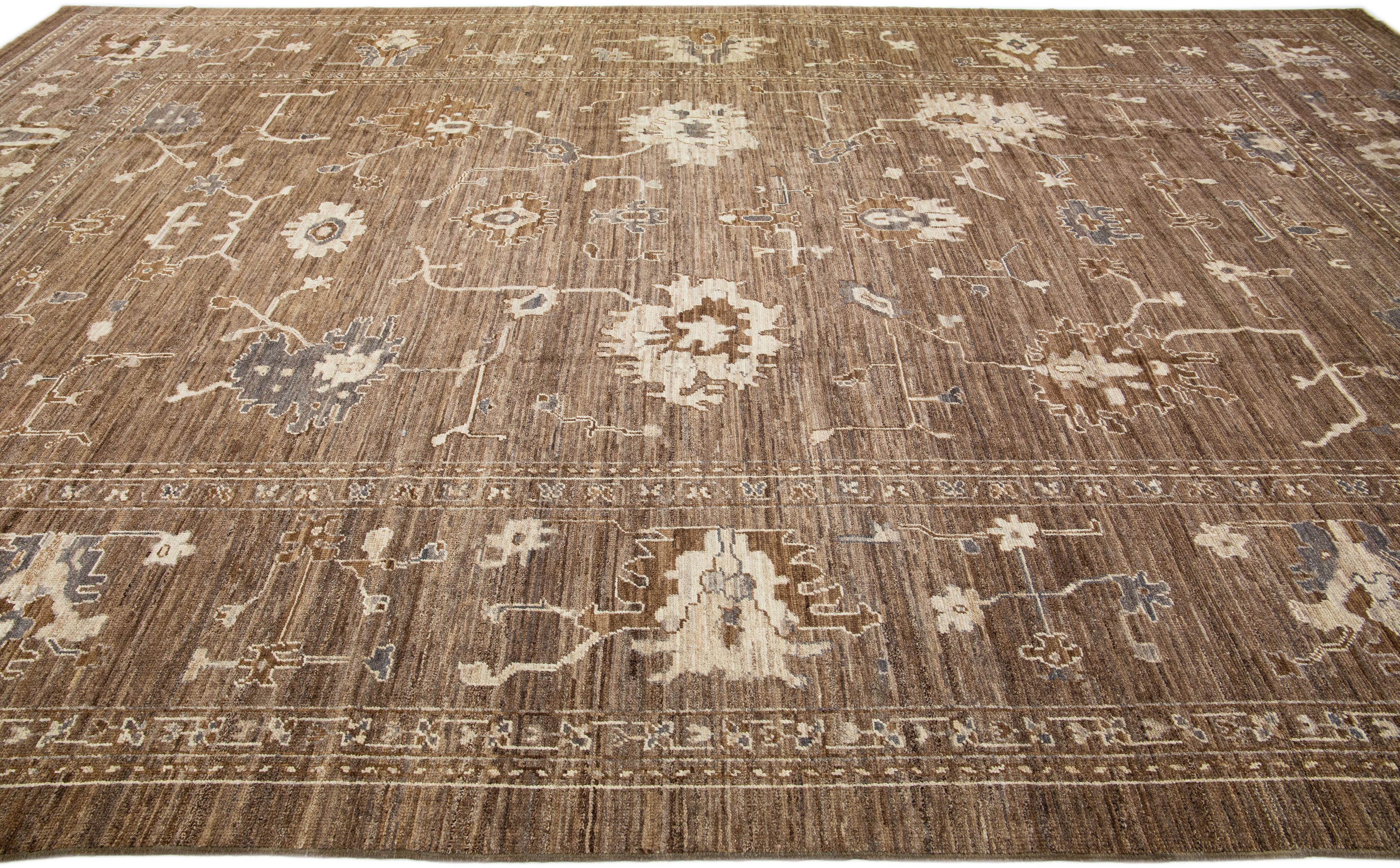 Hand-Knotted Ovesize Brown Oushak Handmade Wool Rug with Floral Pattern For Sale