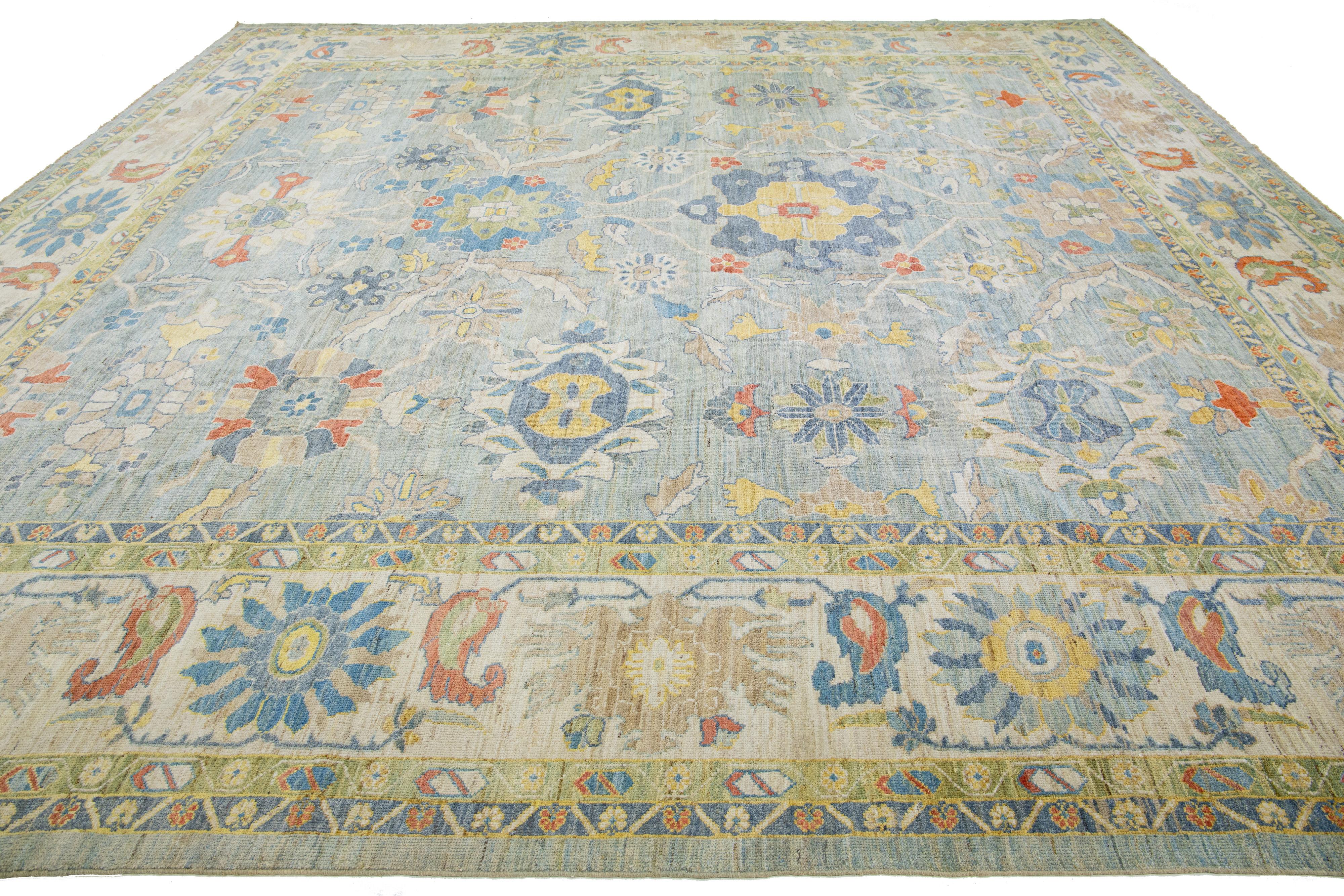 Hand-Knotted Ovesize Modern Sultanabad Handmade Blue Wool Rug With Floral Motif For Sale