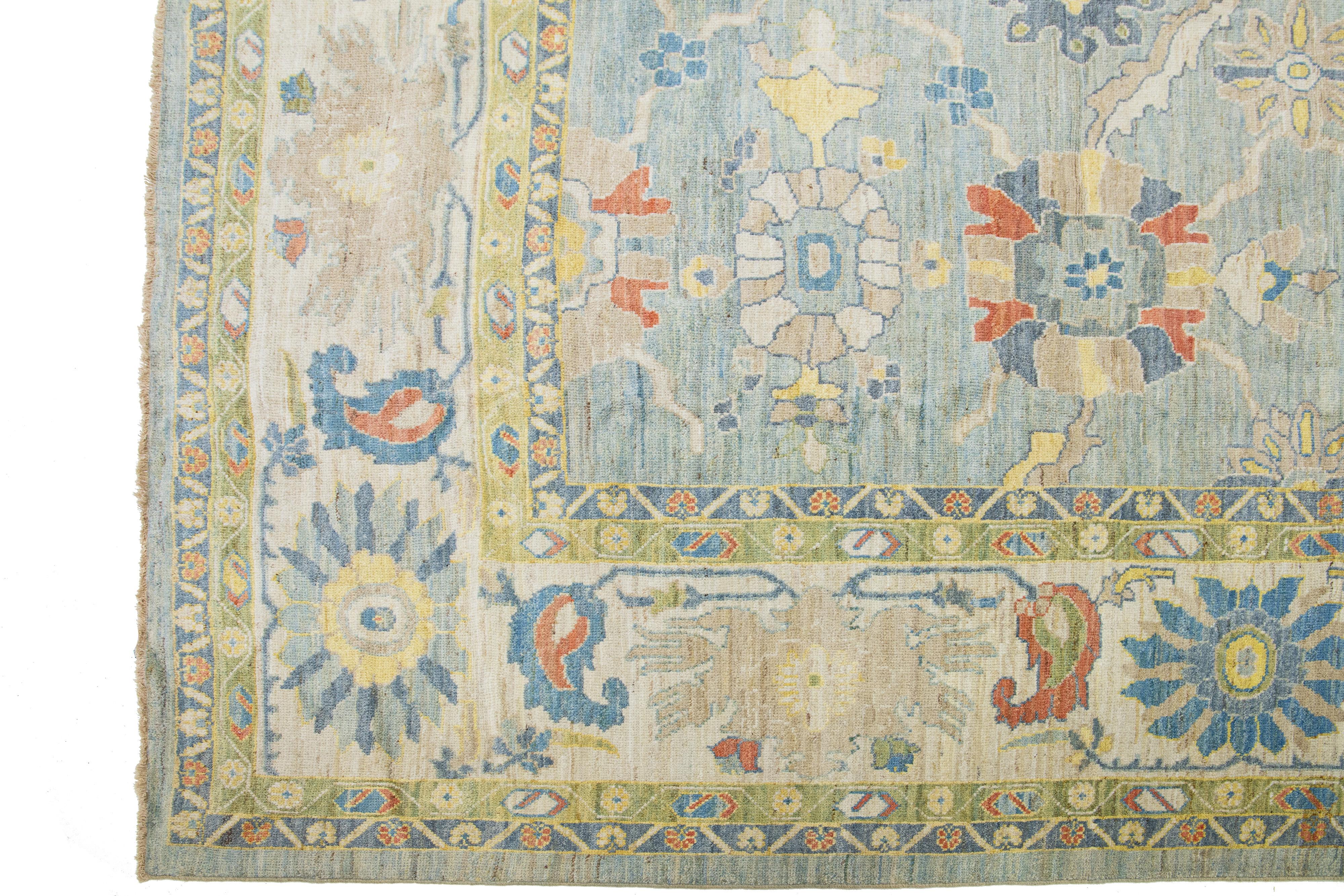 Ovesize Modern Sultanabad Handmade Blue Wool Rug With Floral Motif In New Condition For Sale In Norwalk, CT