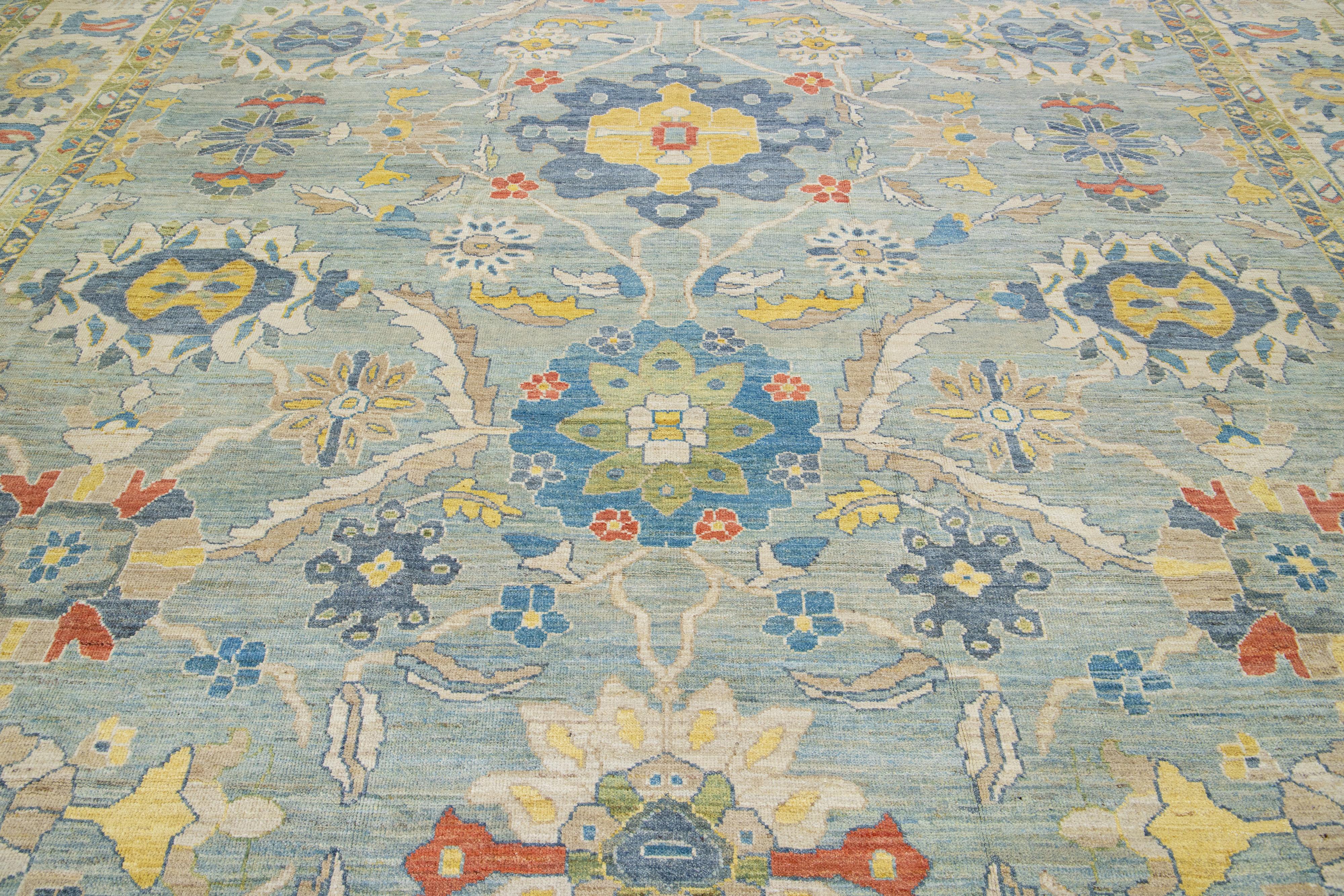 Contemporary Ovesize Modern Sultanabad Handmade Blue Wool Rug With Floral Motif For Sale