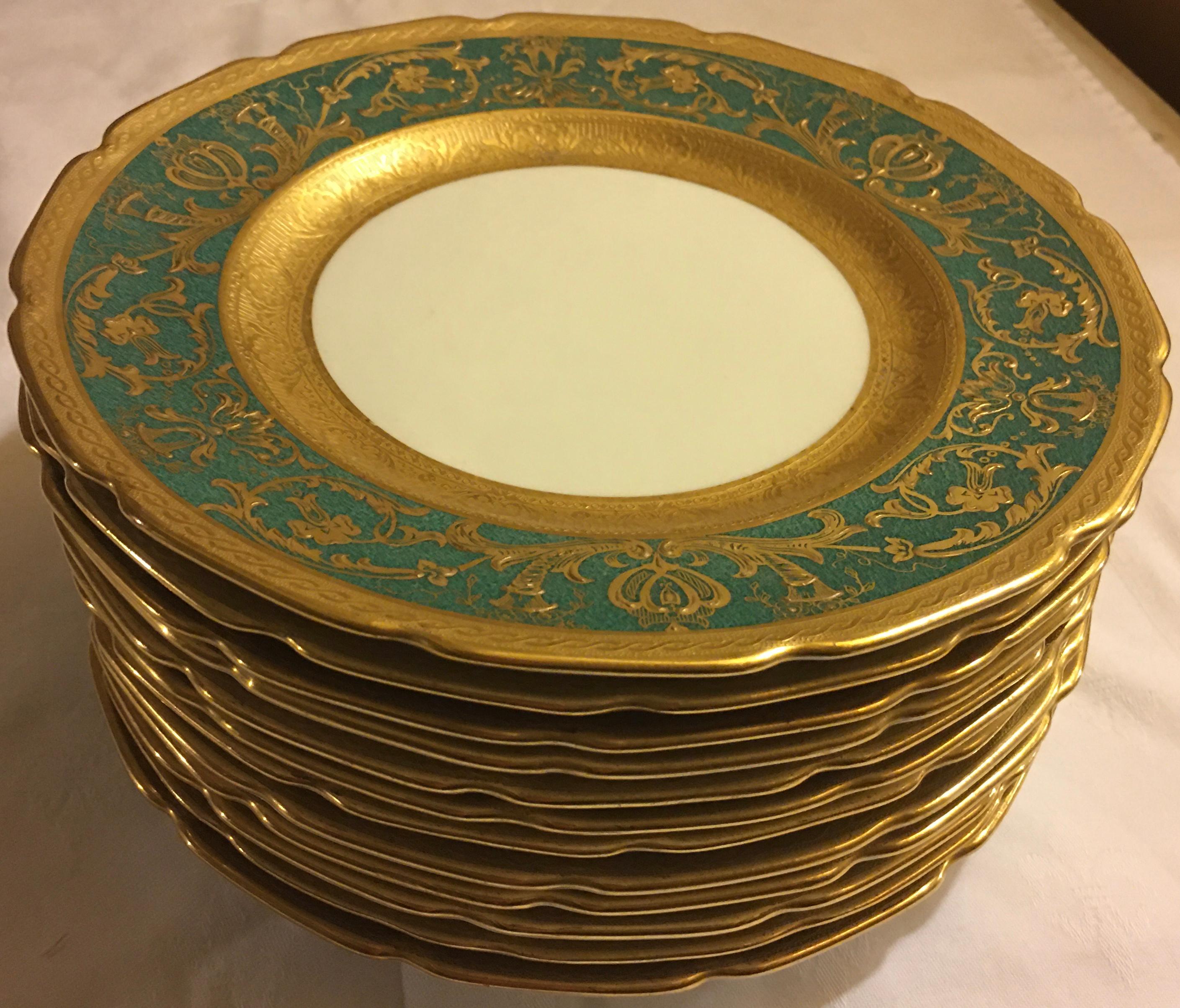 This set of 12 unique gold encrusted Royal Doulton teal-on-white dessert plates were customized for Ovington’s of New York, renowned provider in the 19th century of the finest in China and tableware. All 12 plates are in very good condition, with