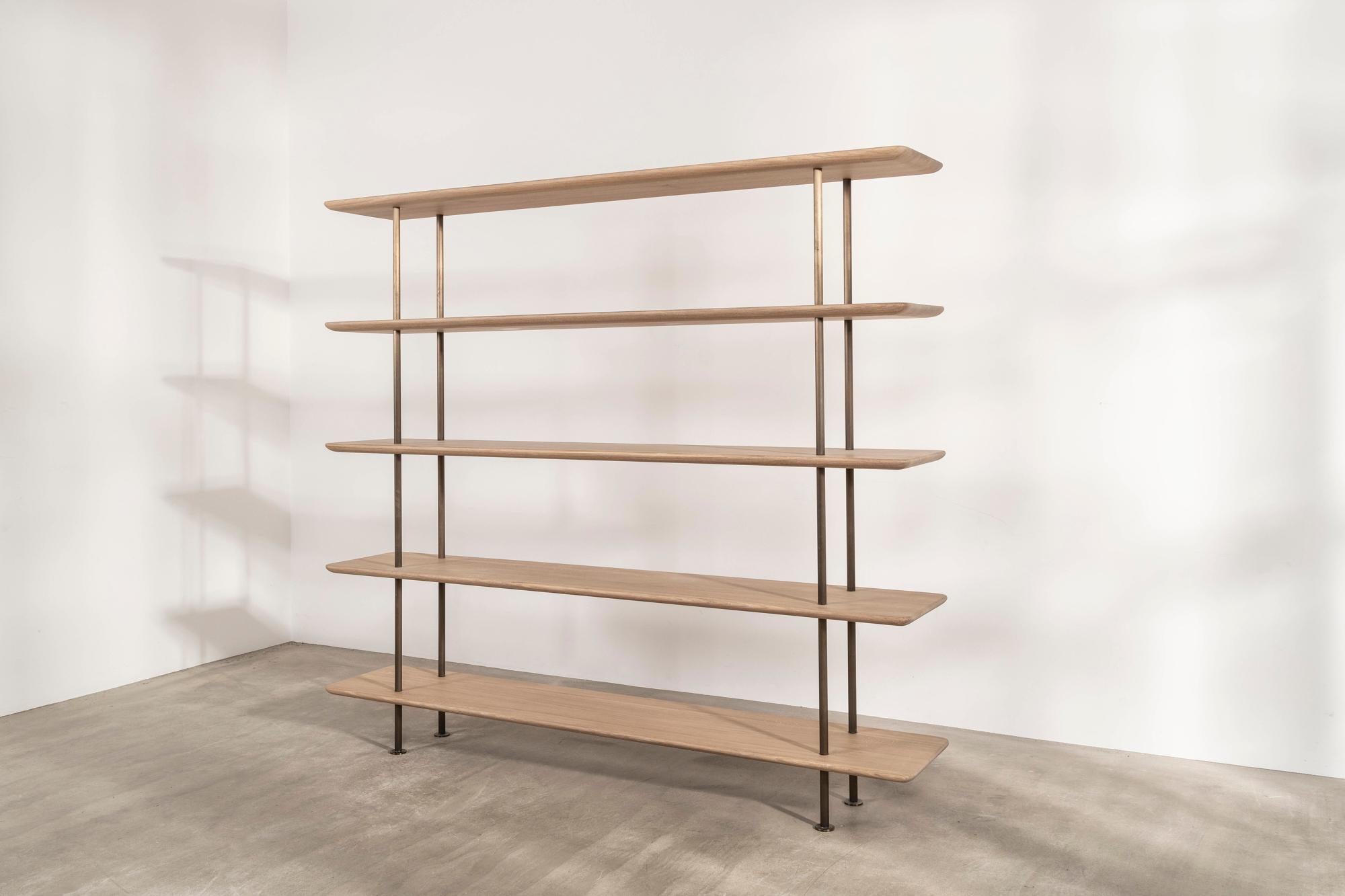 Contemporary Solid European Oak and Turned Brass Shelving Unit by Benchmark Furniture