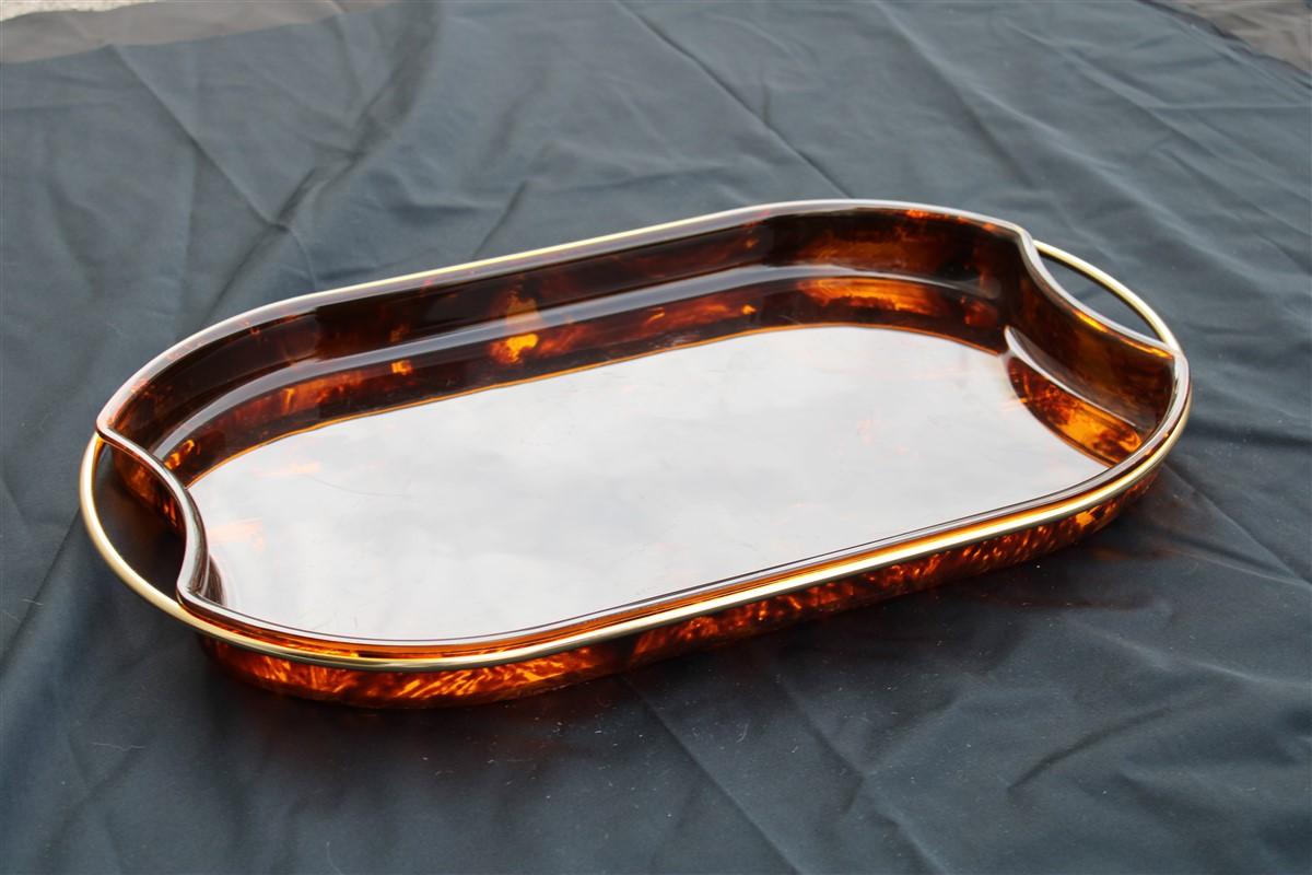 Ovoid Tray in Faux Tortoise and Brass Italy 1970s.