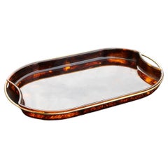 Ovoid Tray in Faux Tortoise and Brass Italy 1970s