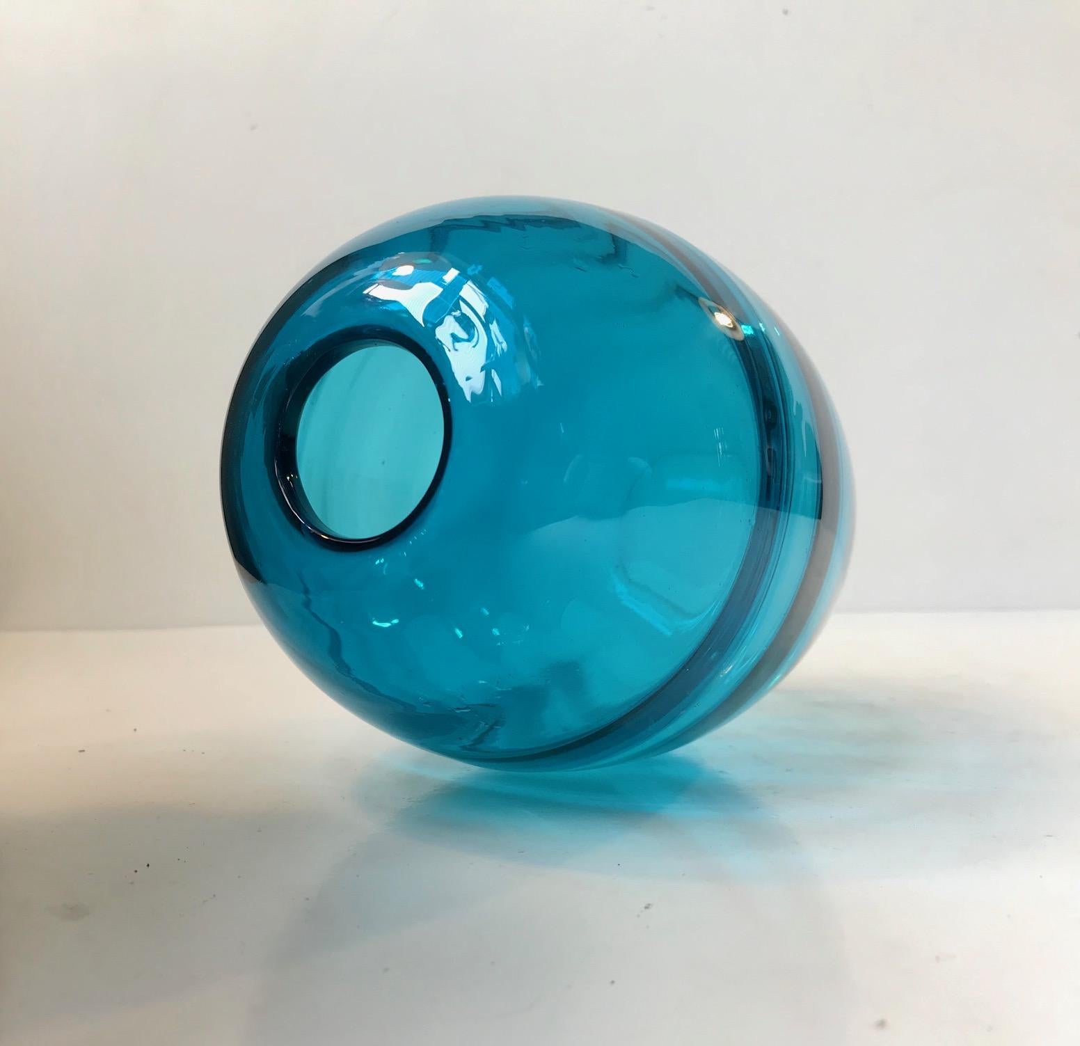 Danish Ovoid Turquoise Glass Vase with Optical Stripes by Holmegaard, 1950s For Sale