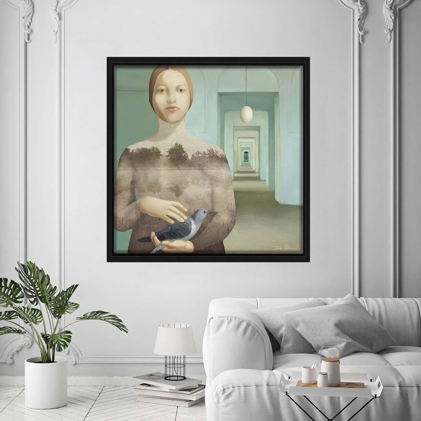 Inspired by Piero della Francesca's Brera Madonna, this Pop-Surrealist digital painting showcases the symbol of life, an egg, which has been transformed into a light-giving chandelier at the top right. A female figure caresses a feather in her