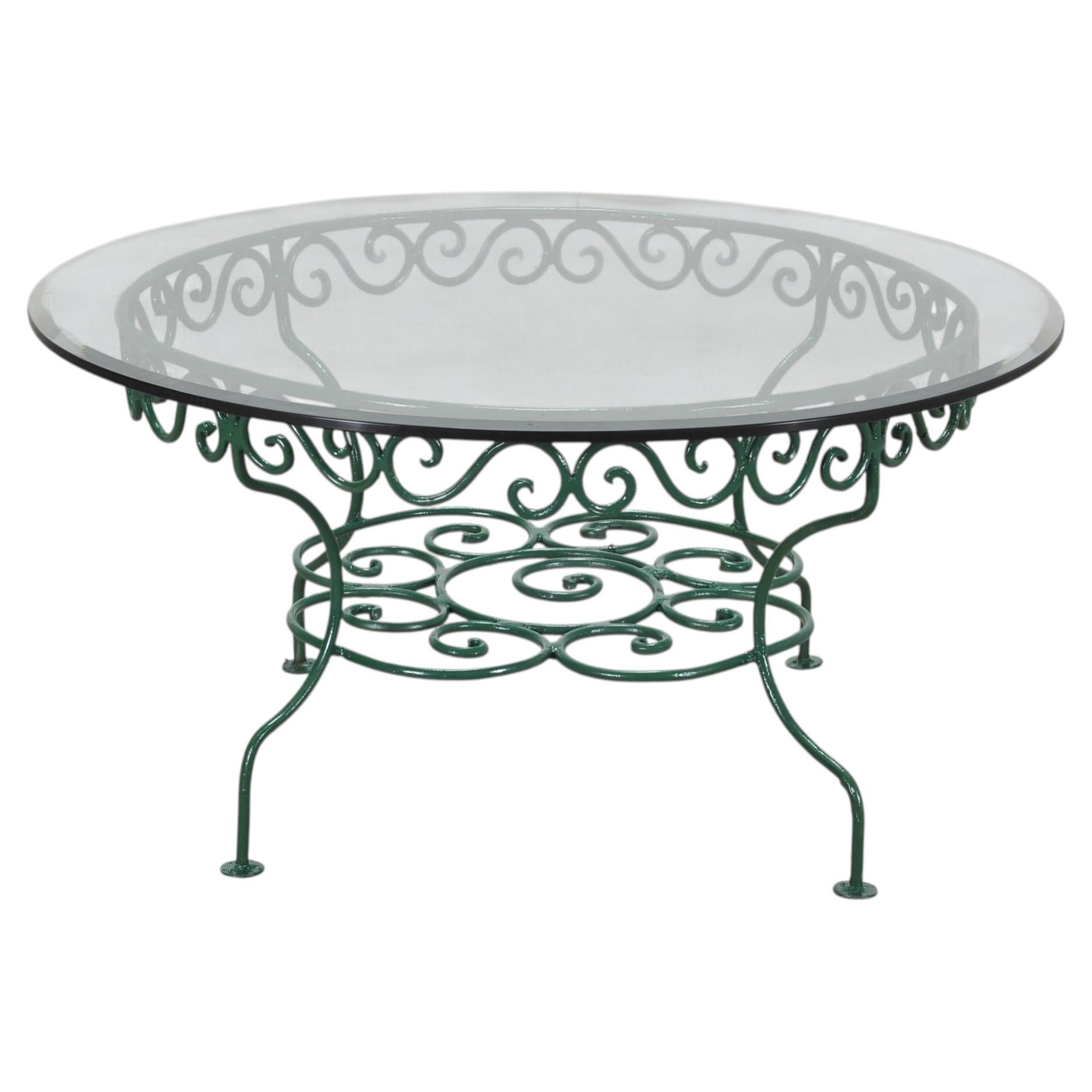O.W. Lee American Regency Style Wrought Iron and Glass Scrolled Garden Table