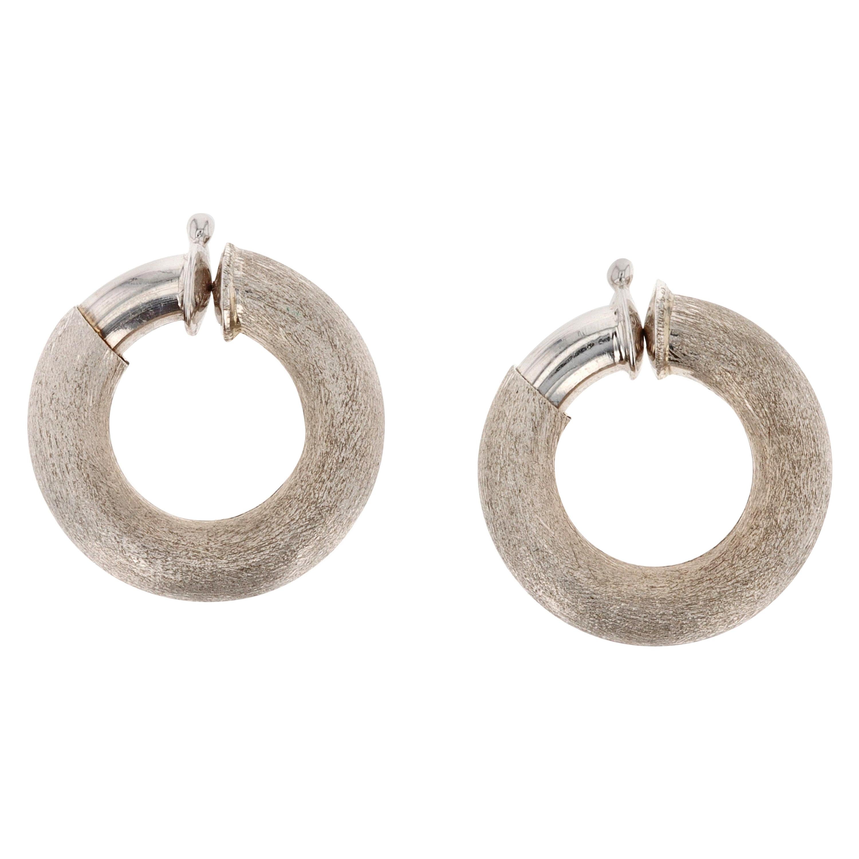 OWC Italy Hand-Textured 18 Karat White Gold Hoop Earrings For Sale
