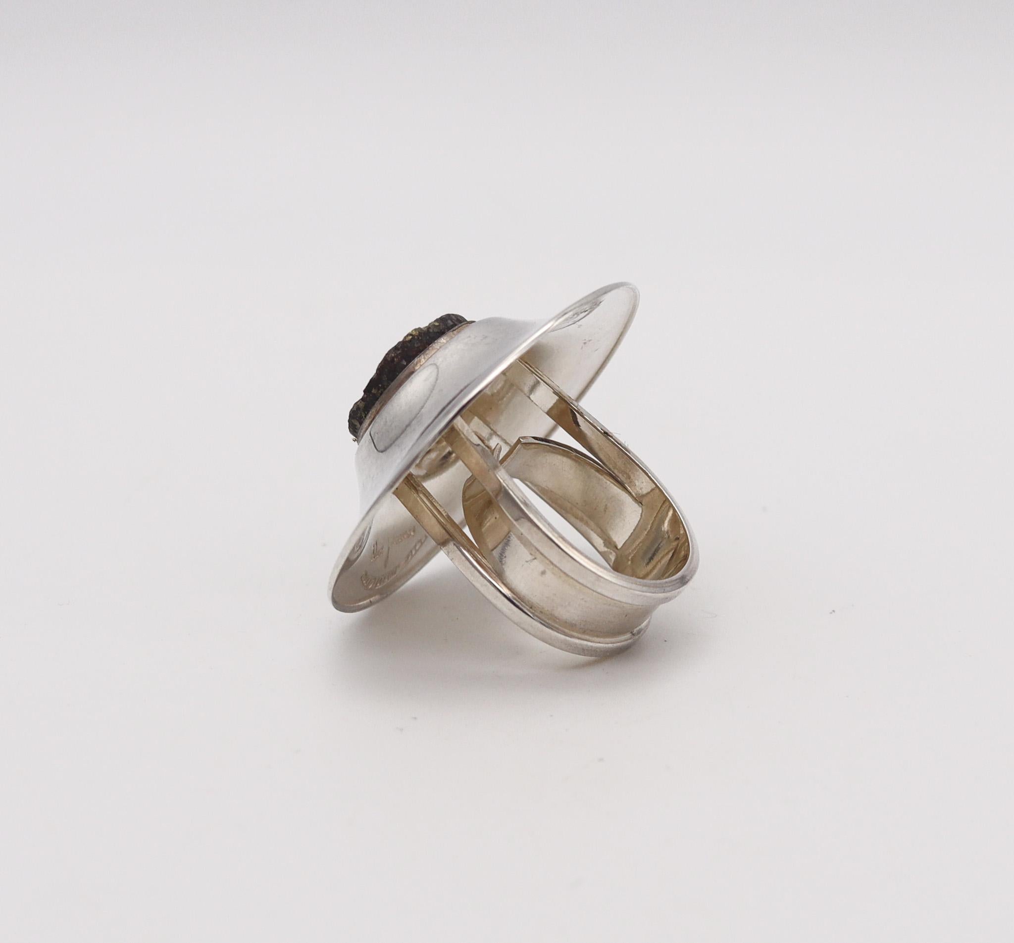 Cabochon Owe Johansson 1972 Finland Modernist Ring in Solid .925 Sterling and Pyrite For Sale