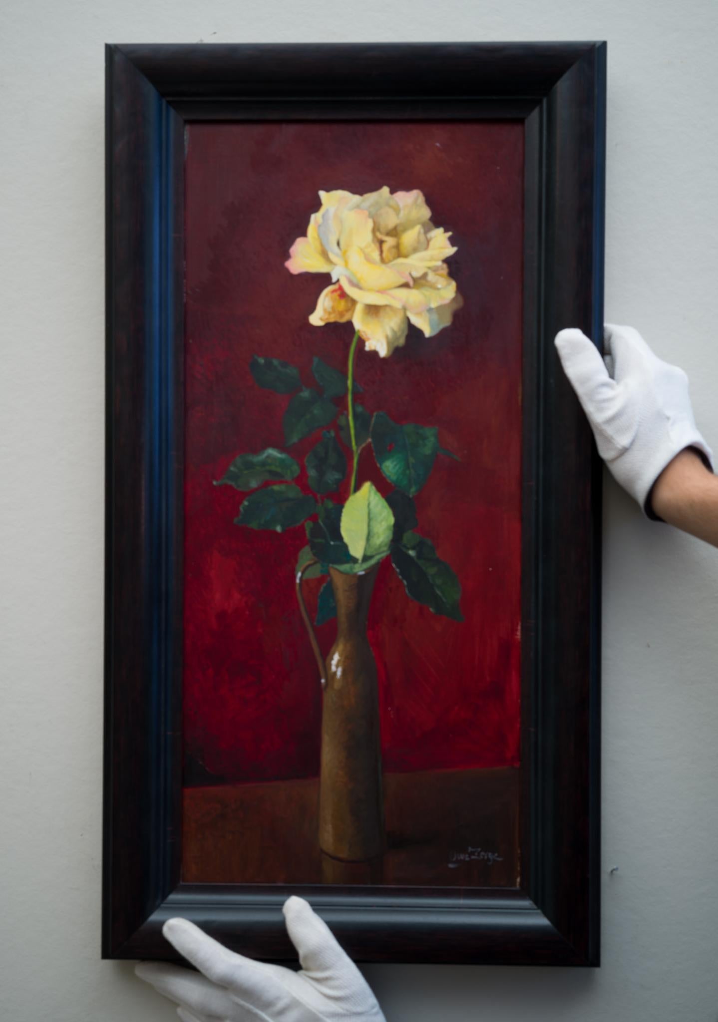This piece presents an exquisite yellow rose, its petals meticulously detailed to the extent that they almost leap off the canvas, offering viewers a near three-dimensional experience.

Set against a deep burgundy backdrop, the rose sits gracefully