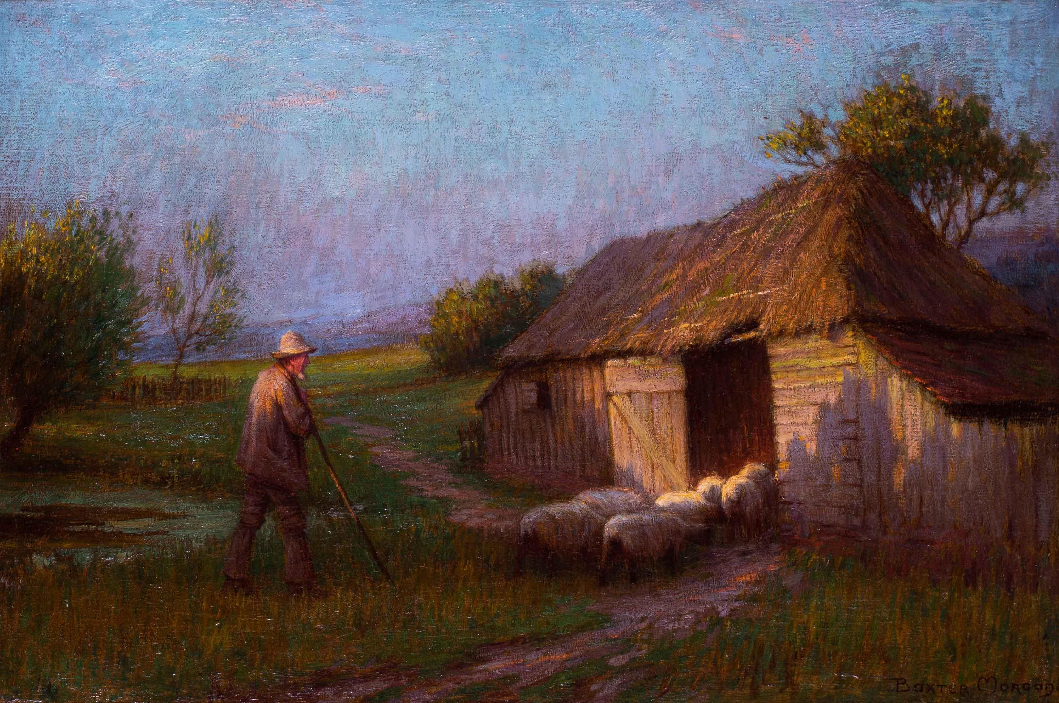 British, early 20th Century oil painting of a shepherd returning home at sunset - Painting by Owen Baxter Morgan 