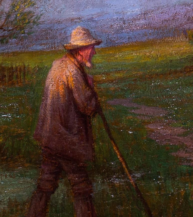Britannico, pittura ad olio dei primi del Novecento che raffigura un pastore che torna a casa al tramonto - Painting Impressionismo di Owen Baxter Morgan 