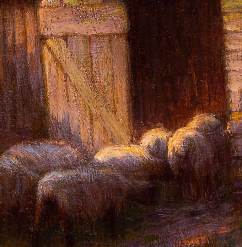 Britannico, pittura ad olio dei primi del Novecento che raffigura un pastore che torna a casa al tramonto - Animal Painting Marrone di Owen Baxter Morgan 
