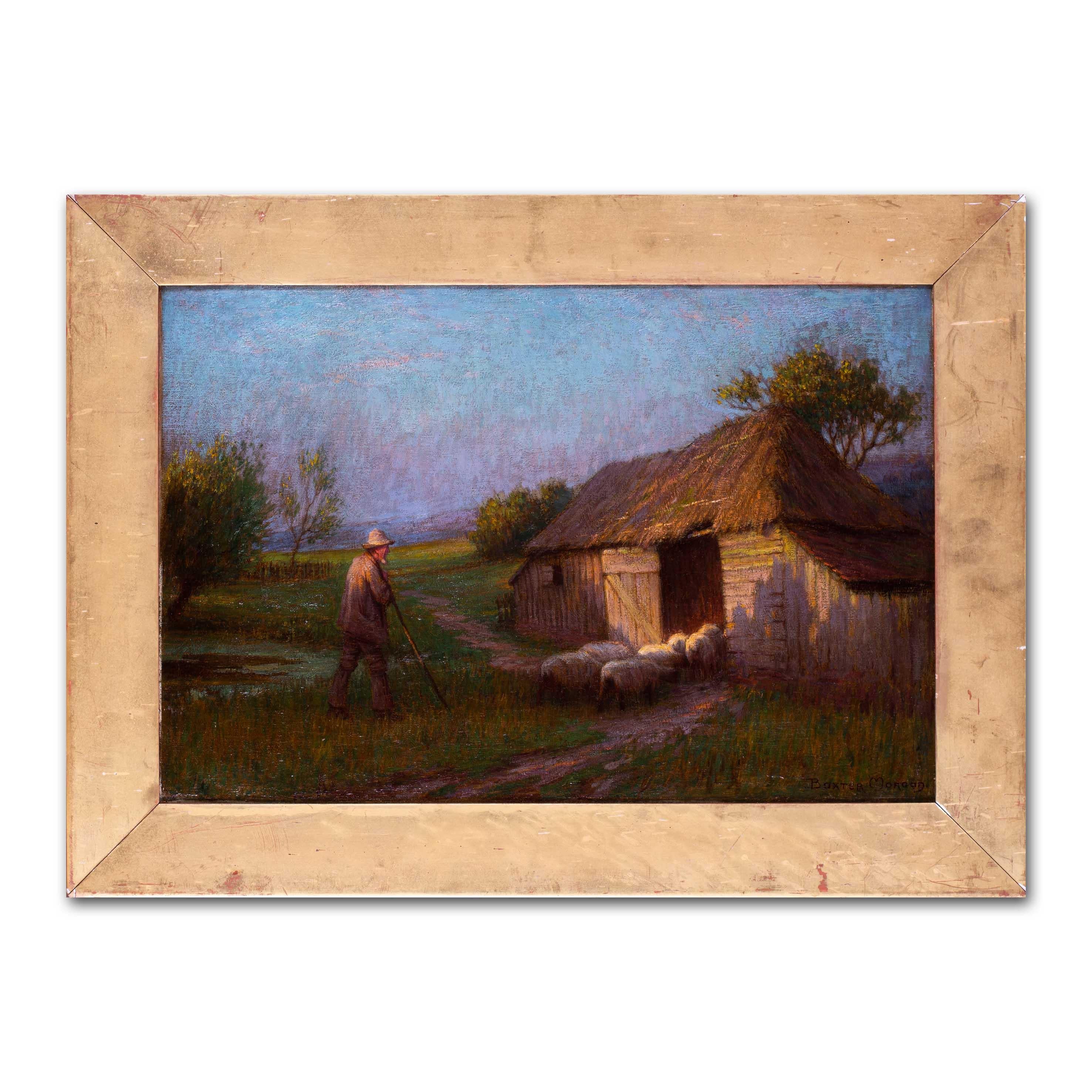 Britannico, pittura ad olio dei primi del Novecento che raffigura un pastore che torna a casa al tramonto in vendita 3