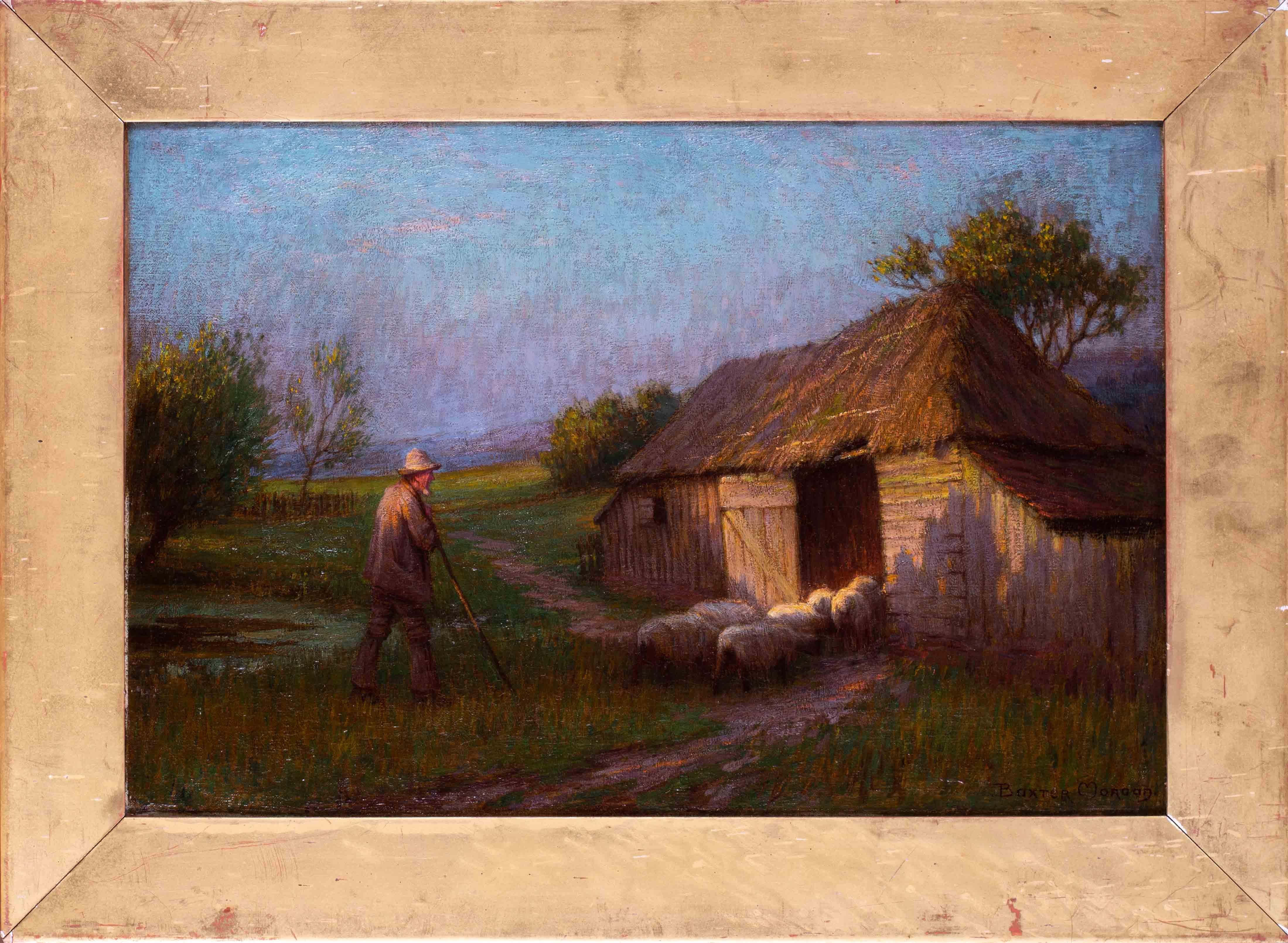 Animal Painting di Owen Baxter Morgan  - Britannico, pittura ad olio dei primi del Novecento che raffigura un pastore che torna a casa al tramonto