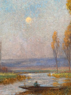 Impressionist River landscape, English Fisherman on river at Sunrise and Cottage
