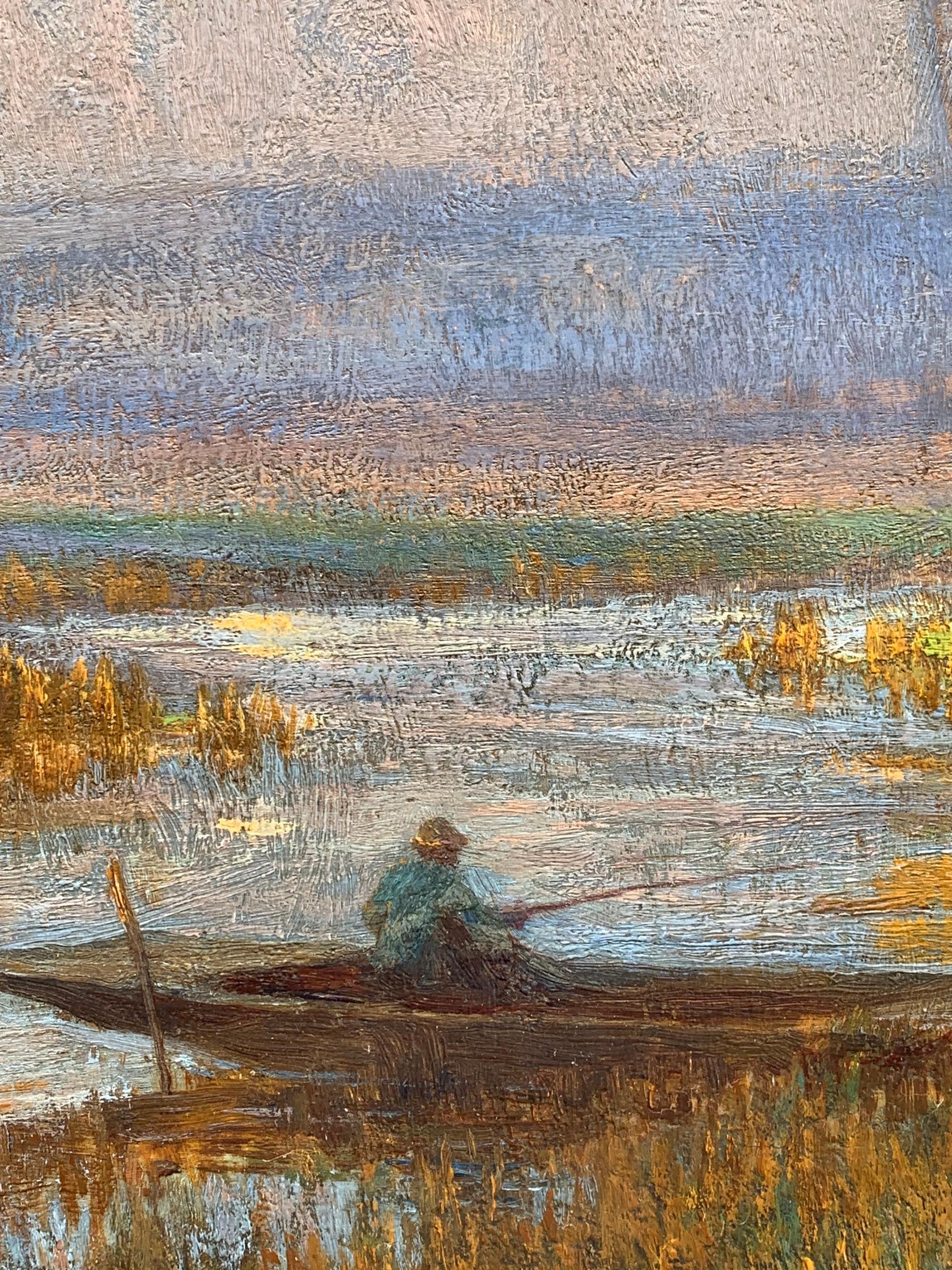 Impressionistische Flusslandschaft, Englischer Fischer auf Fluss bei Sonnenaufgang und Haus (Impressionismus), Painting, von Owen Baxter Morgan 