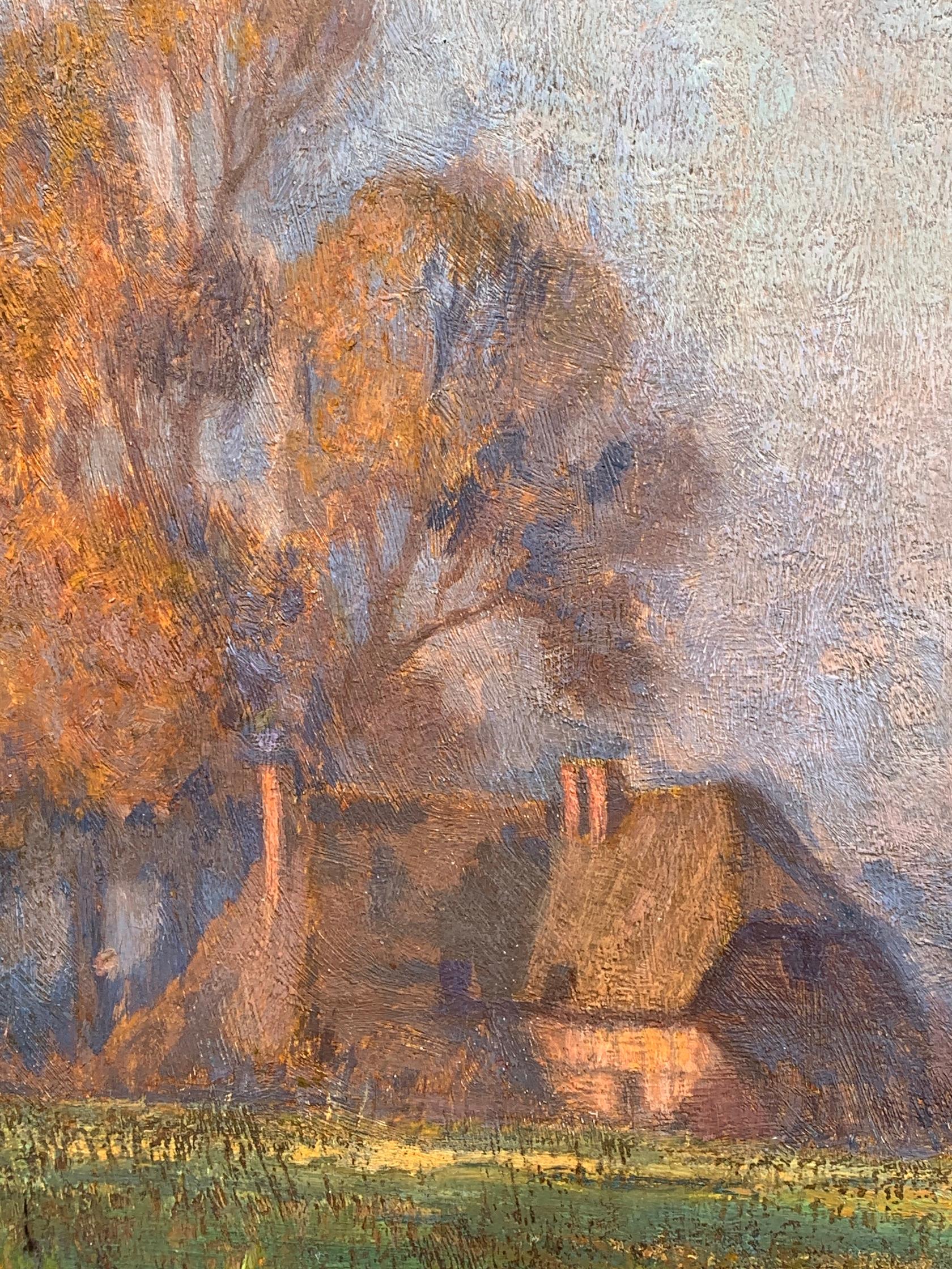 Impressionistische Flusslandschaft, Englischer Fischer auf Fluss bei Sonnenaufgang und Haus (Braun), Landscape Painting, von Owen Baxter Morgan 