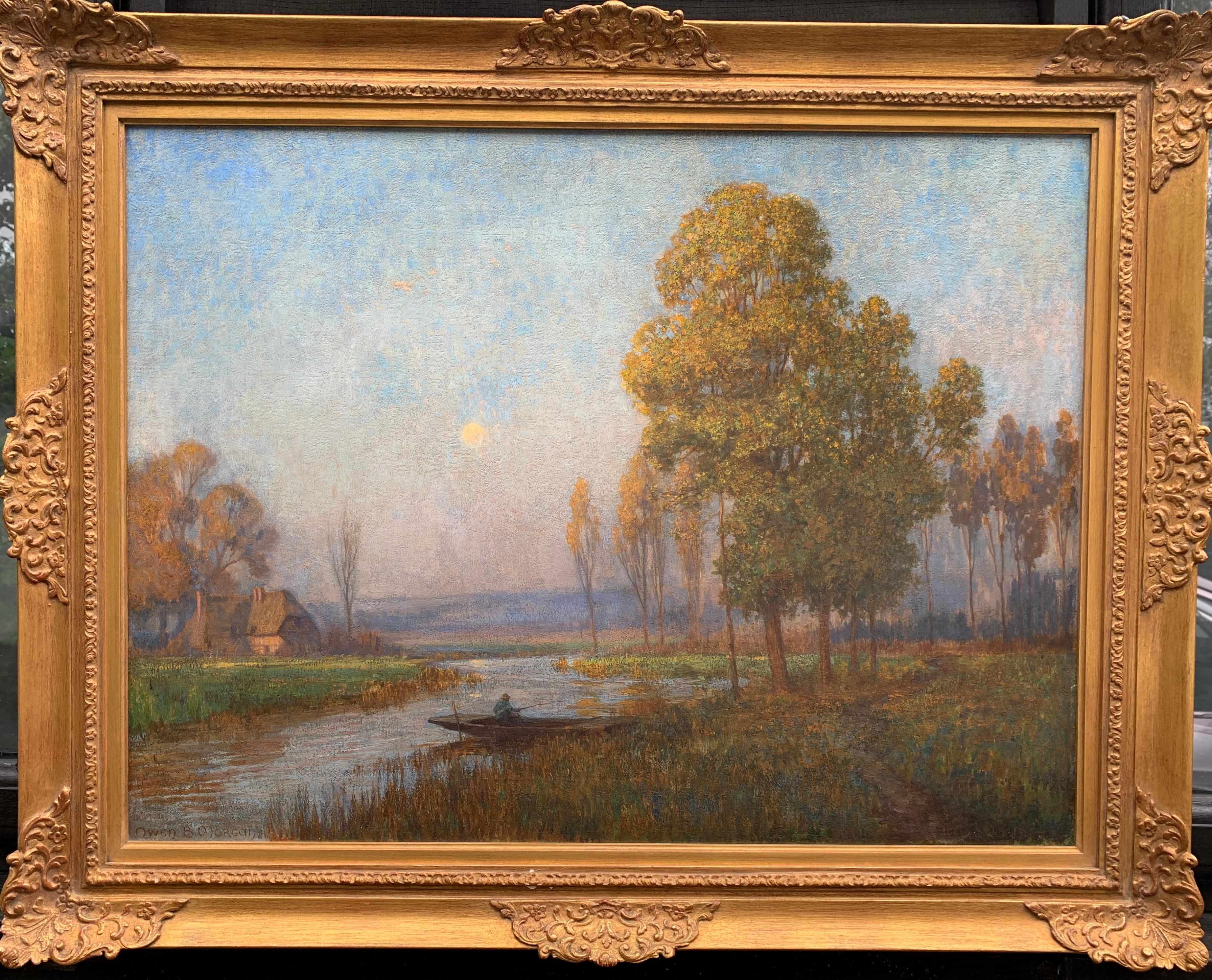 Owen Baxter Morgan  Landscape Painting – Impressionistische Flusslandschaft, Englischer Fischer auf Fluss bei Sonnenaufgang und Haus