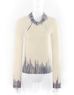 OWEN GASTER A/W 1999 Item 23 Long Sleeve Blue Screen Printed White V-Neck Blouse