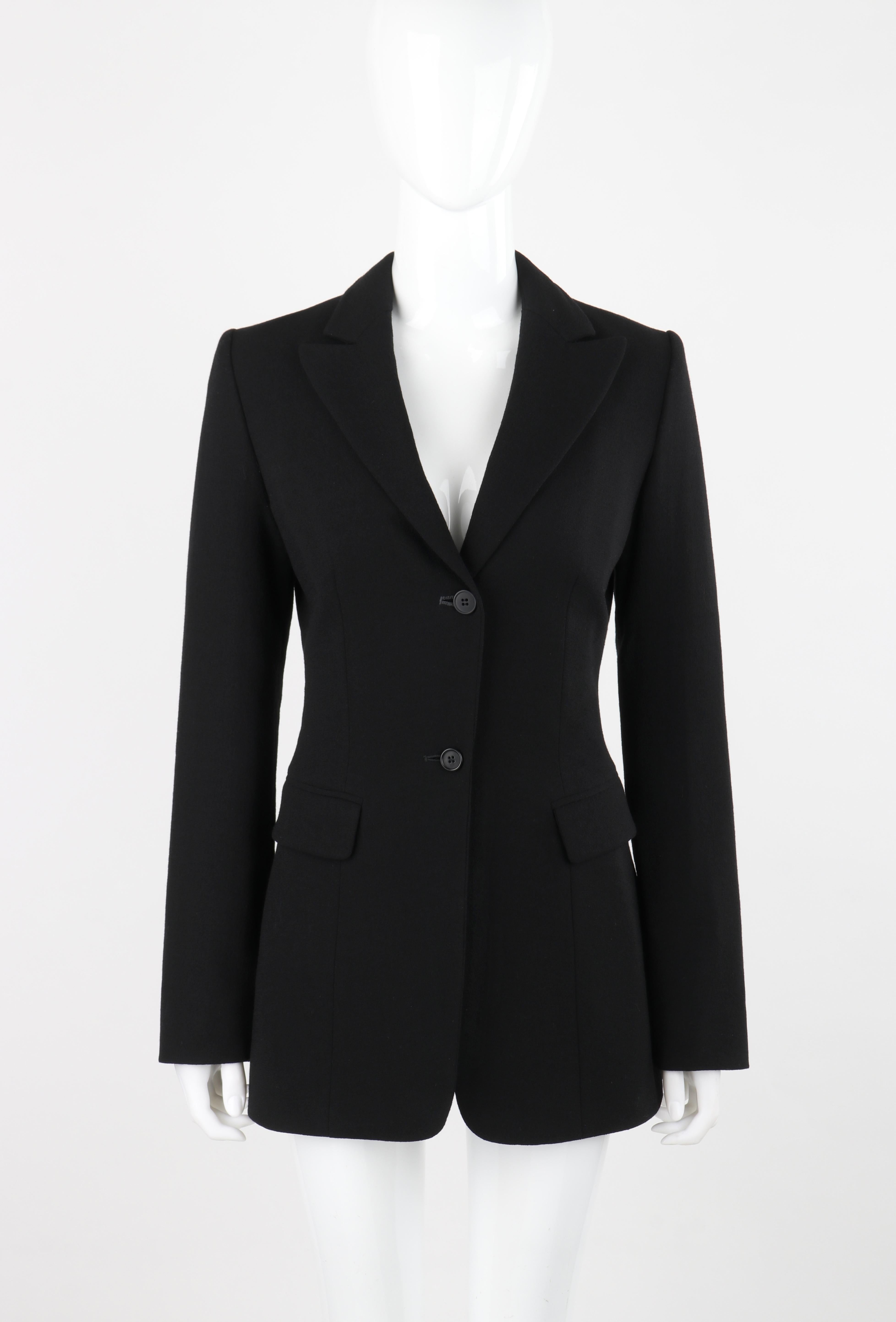 OWEN GASTER c.1990's Vtg Black Wool Structured Zip Open Back Blazer Jacket RARE Pour femmes en vente