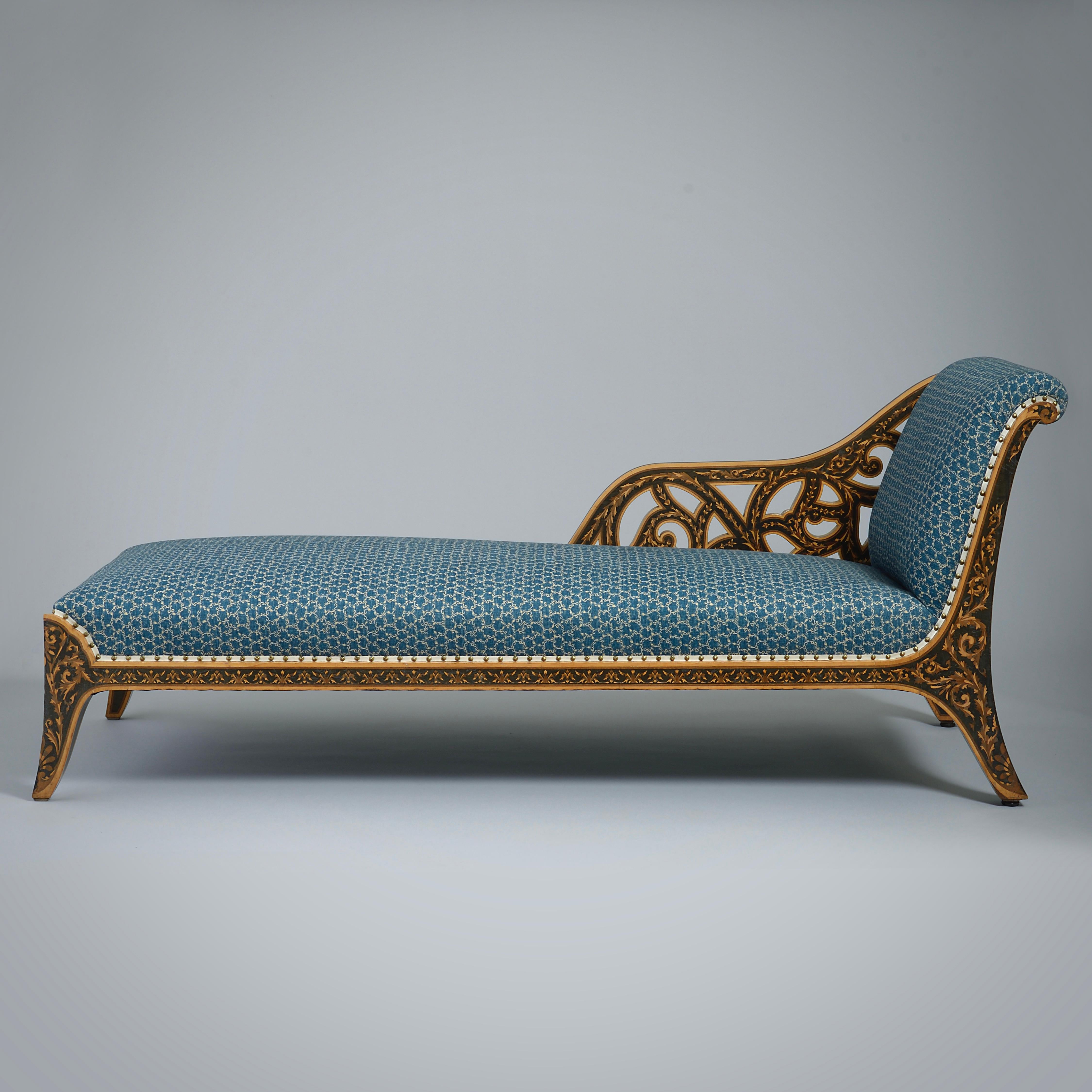 A marquetry and ebony chaise Longue designed by Owen Jones (1809-1874) and manufactured by Jackson & Graham, circa 1867-70.
Inlaid with holly, purpleheart and harewood on an ebony ground.

Provenance
Made for Alfred Morrison, 16 Carlton House