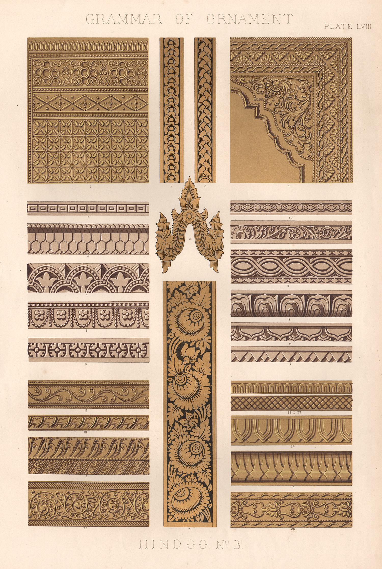 Chromolithographie, 1868.

Aus Owen Jones' "Grammatik des Ornaments", 1868. Der Waliser Owen Jones veröffentlichte sein Monument des Designs, die Grammatik des Ornaments, zunächst in Teilabschnitten für Abonnenten. Für seine üppig illustrierten