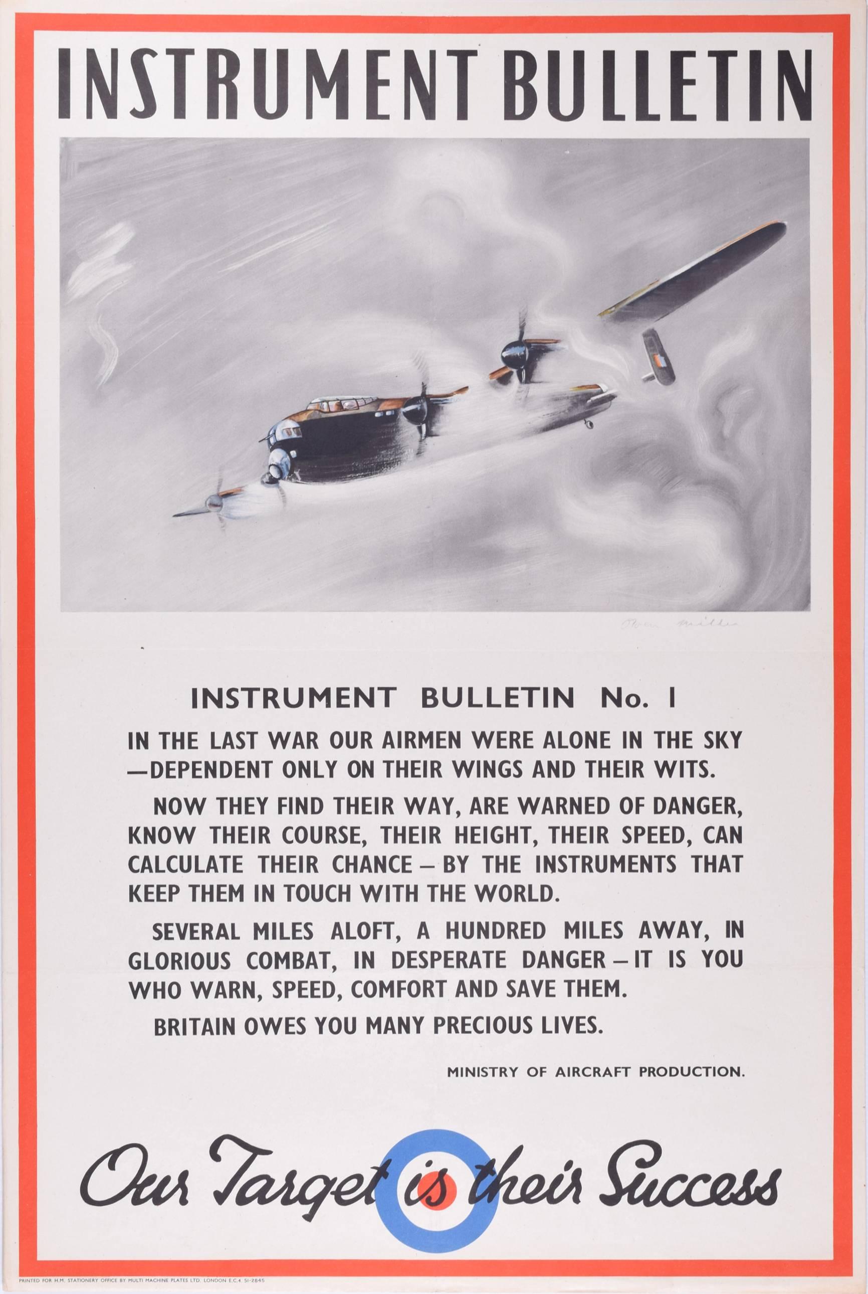 Owen Miller (Auckland 1907-Londres 1960)
Bulletin des instruments n° 1 - Bombardier Lancaster
Notre objectif est leur réussite
Affiche originale c. 1943
Imprimé pour le HMSO par Multi Machine Plates Ltd pour le ministère de la Production