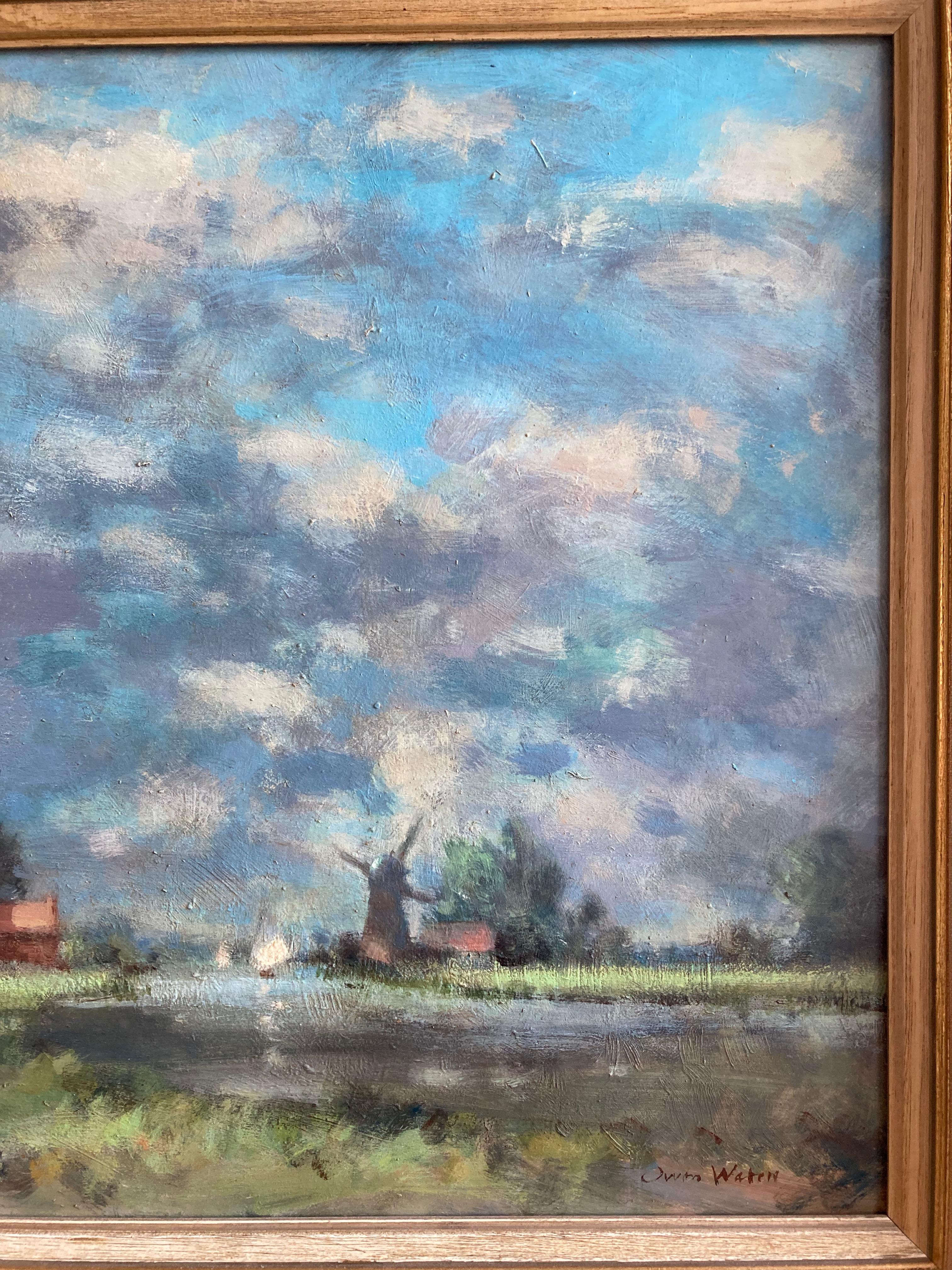 A wonderful example of the artist's work on an unusually large scale, showing the clear influence of Edward Seago, particularly to the billowing Norfolk sky.

Owen Waters (1916-2004)
Approaching storm
Signed
Oil on board
16 x 23¾ inches
(19½  x 27½