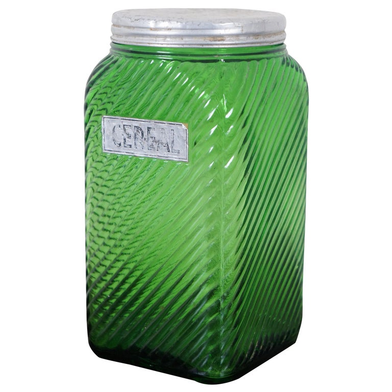 Owens Illinois Green Depression Glass Cereal Cookie Canister Biscuit Jar  Hoosier For Sale at 1stDibs | green depression glass canister, hoosier glass  canisters, green depression glass biscuit jar