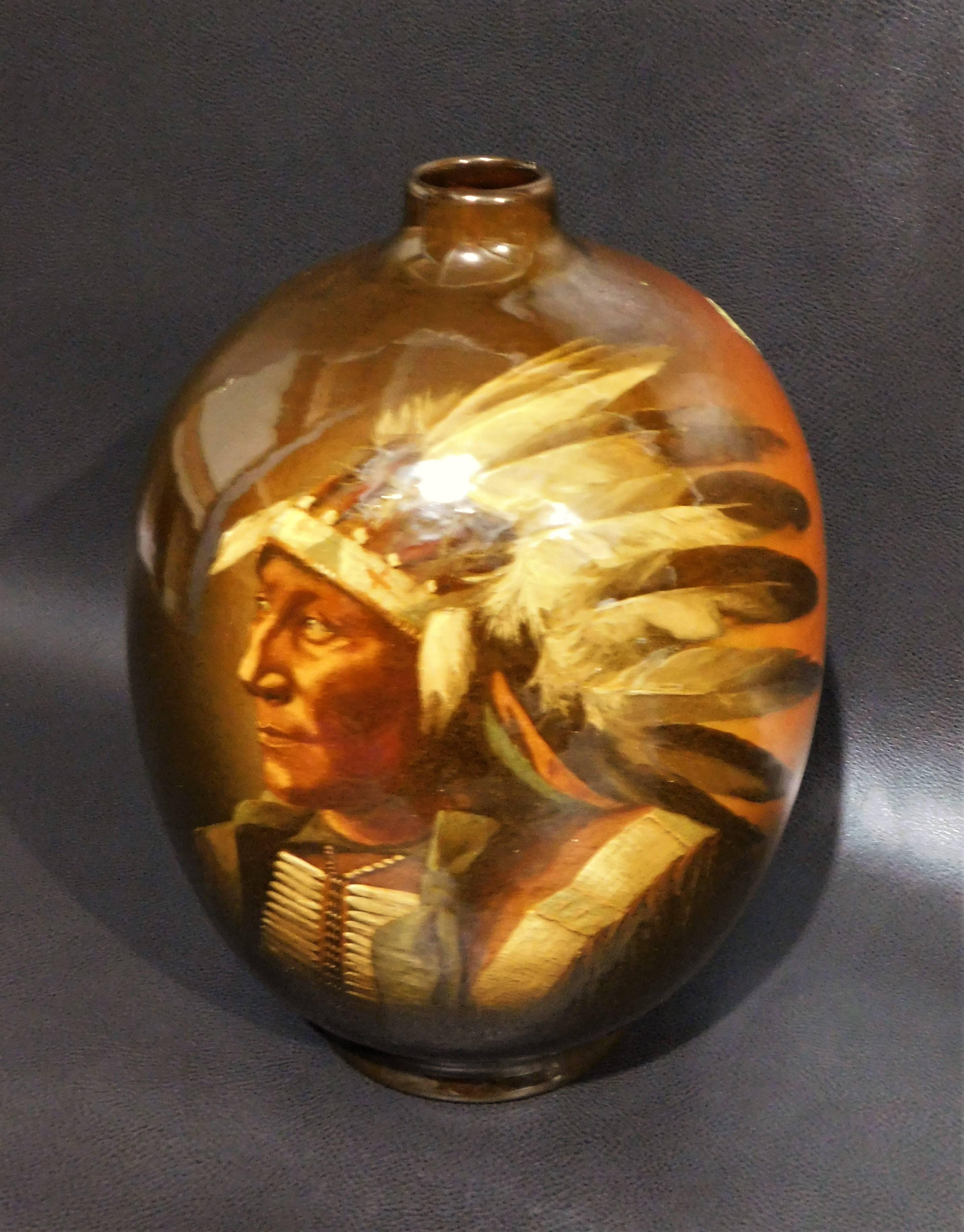 Owens Pottery Utopian Vase Native American Sioux Chief Bear Cora McCandless For Sale 4